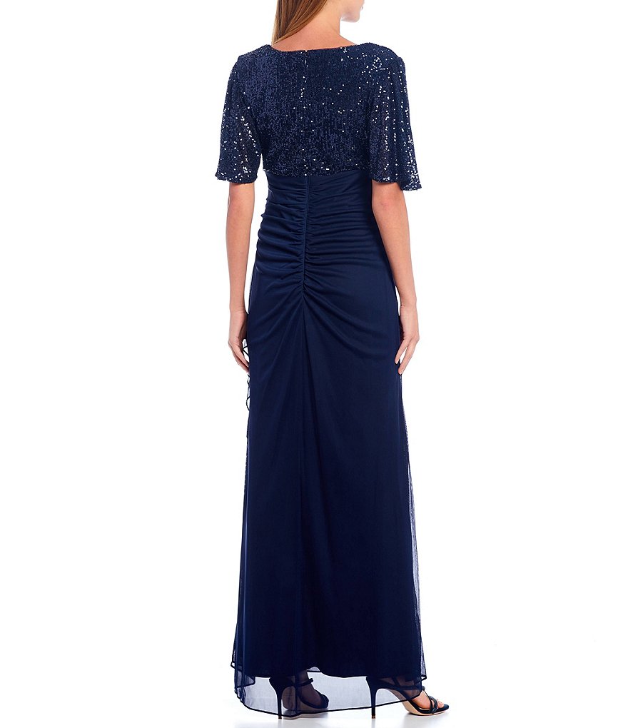 Xscape V-Neck Short Sleeve Sequin Bodice Side Ruched Gown