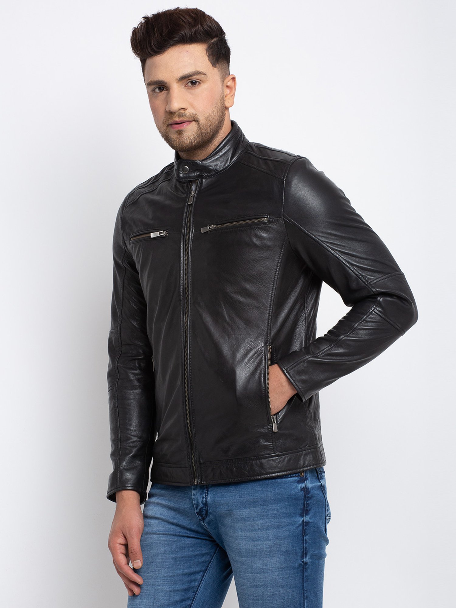 Teakwood Leathers Black Mandarin Collar Leather Jacket