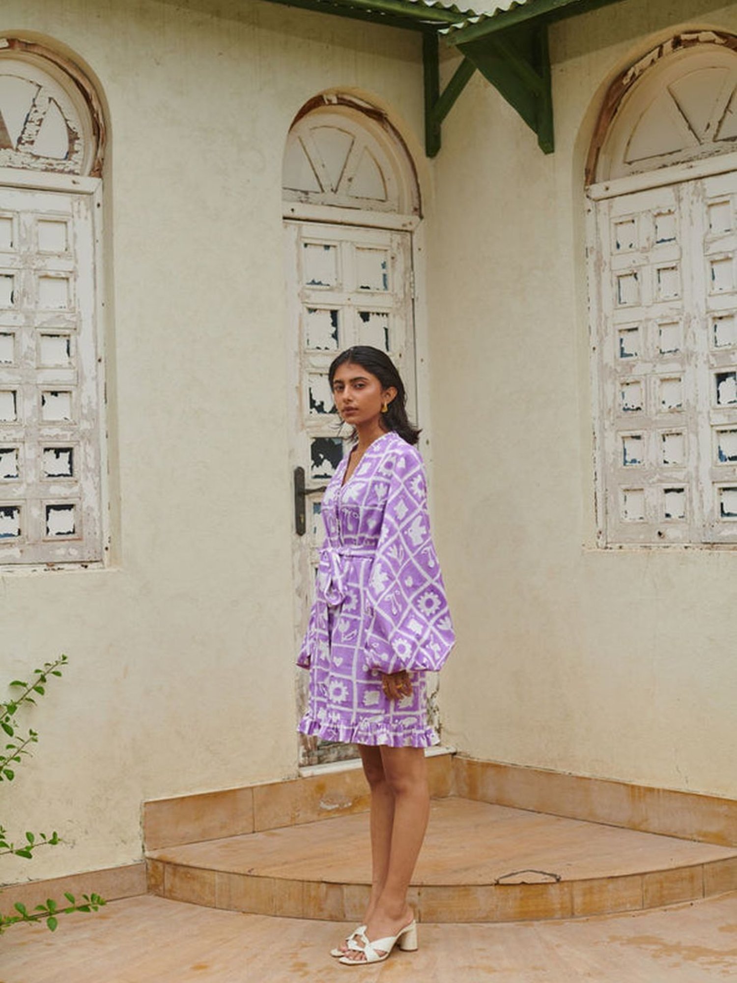 Khajoor Studio Purple & White Sundaze Hakuna Matata Ruffle Short Jumpsuit