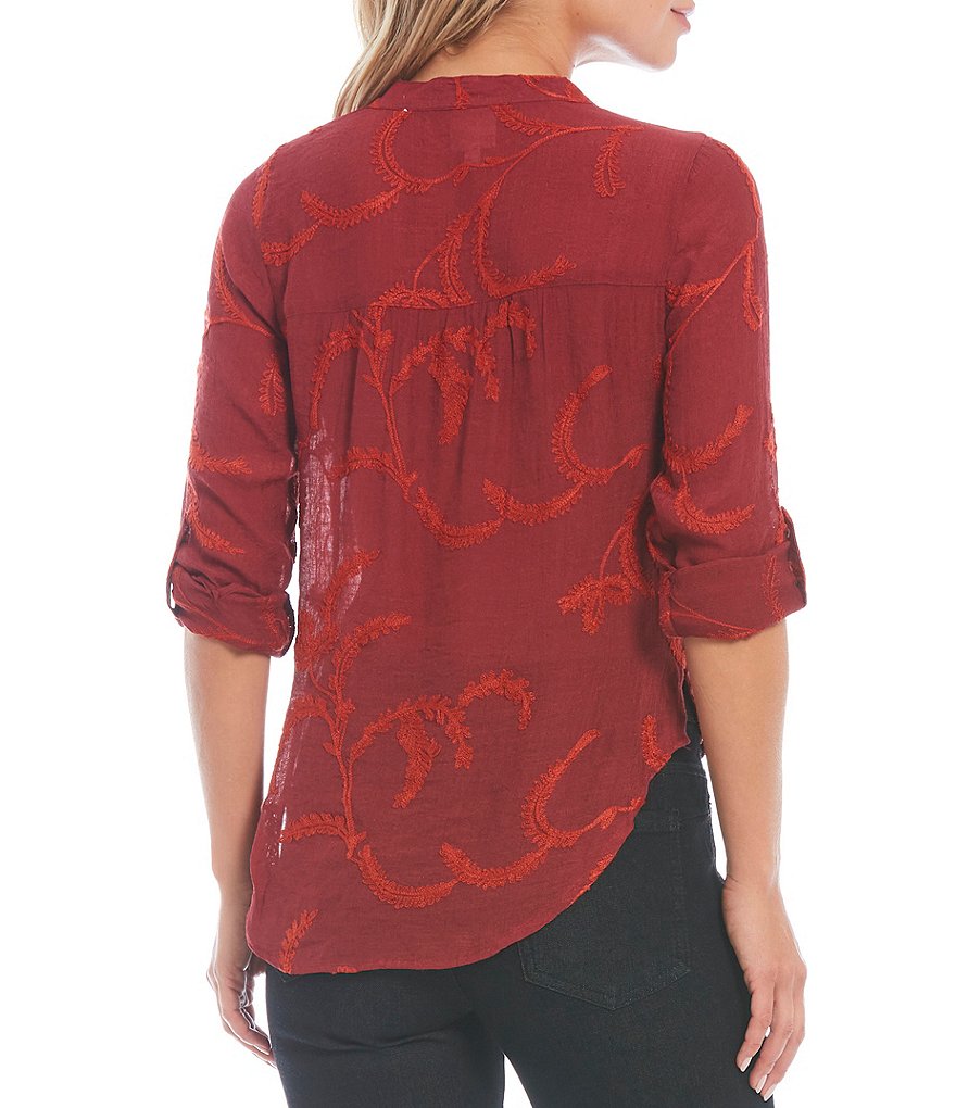 Figueroa & Flower Petite Size Roxy Embroidery Banded Split V-Neck Roll-Tab 3/4 Sleeve Tie Button Front Top