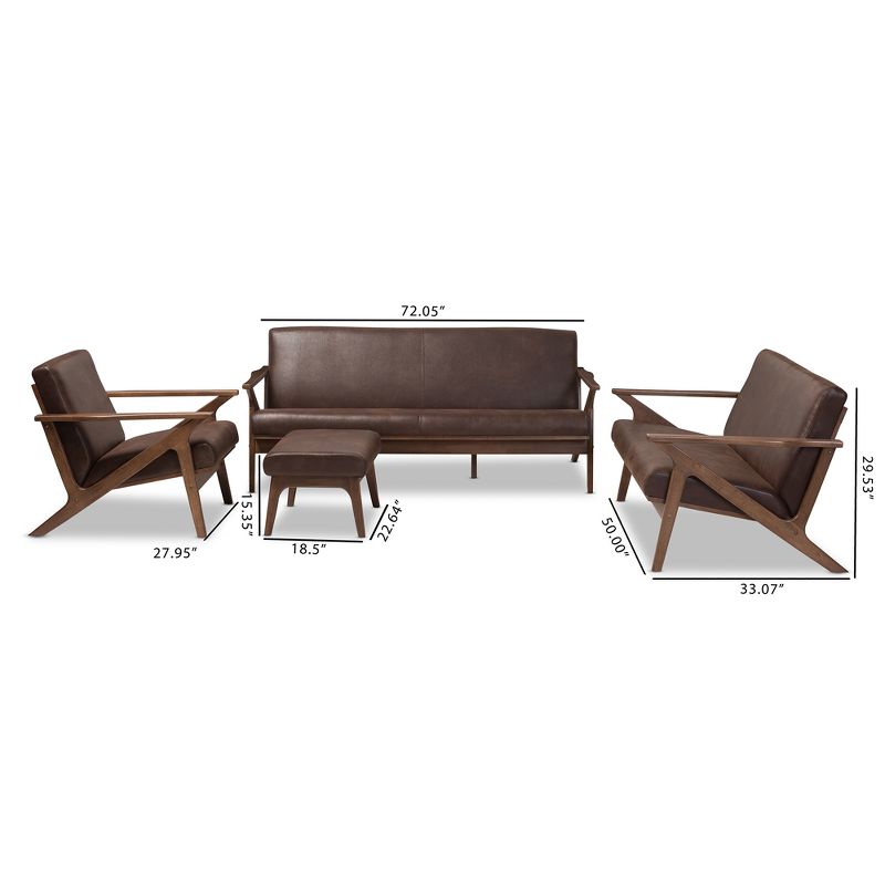 4pc Bianca Mid Modern Walnut Wood Distressed Faux Leather Living Room Sofa Set Dark Brown - Baxton Studio