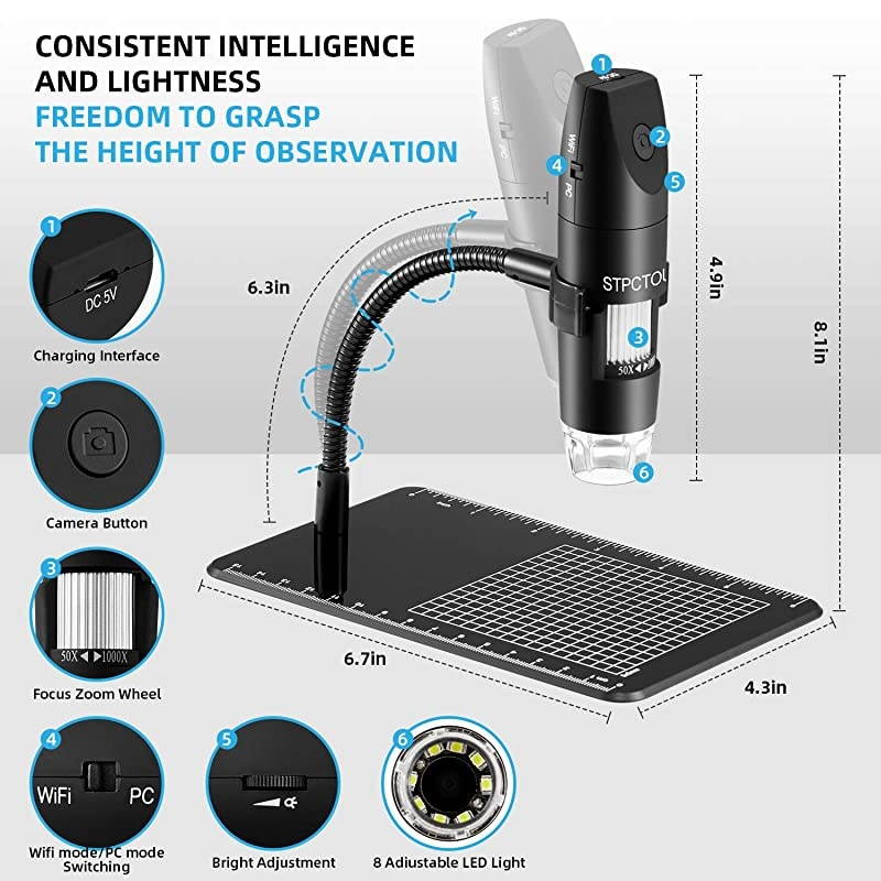 Wireless Digital Microscope USB 50X-1000X 2MP 1080P Handheld Portable Mini WiFi Microscope Camera with 8 LED Lights for iPhone/iPad/Mac/Android Phone/Tablet/PC