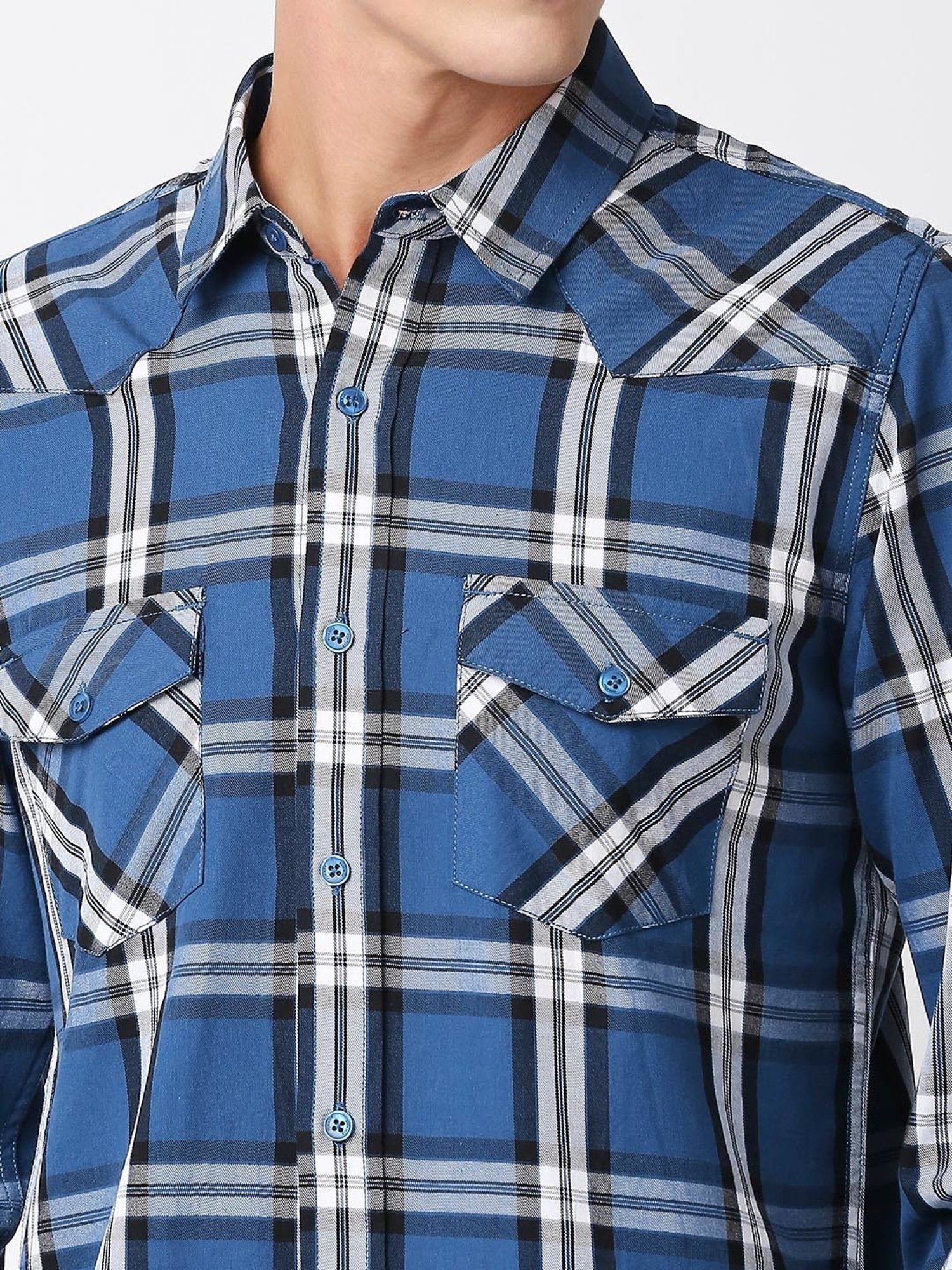 SOLEMIO Blue Slim Fit Check Cotton Shirt