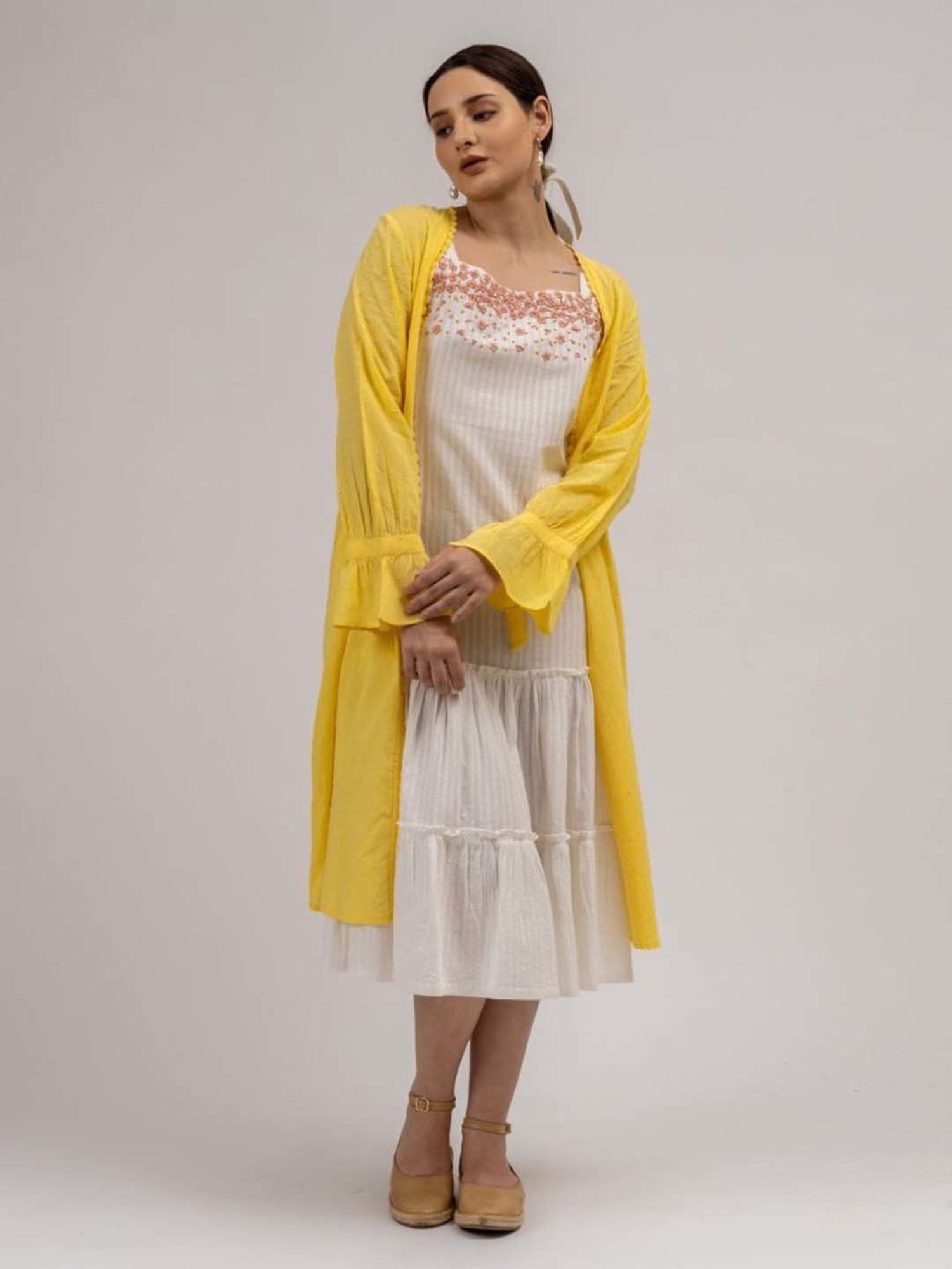 Mushio Yellow Camilla Crochet Lace Detail Cotton Dobby Overlay With Sleeve Tie Ups