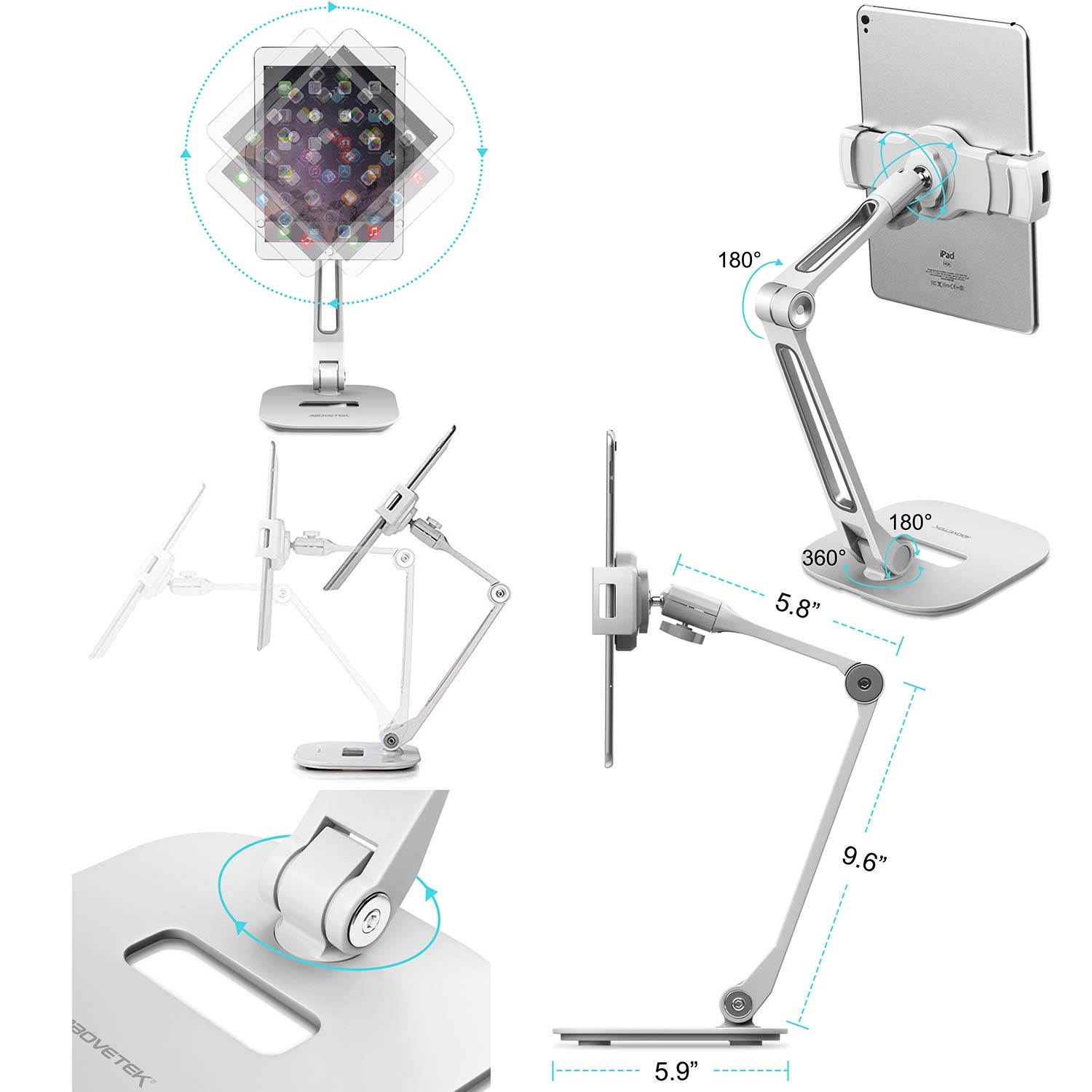 AboveTEK Long Arm Aluminum Tablet Stand, Folding iPad Stand with 360&deg; Swivel iPhone Clamp Mount Holder, Fits 4-11" Display Tablet/Phones for Kitchen Table Bedside Office Desk POS Kiosk Reception