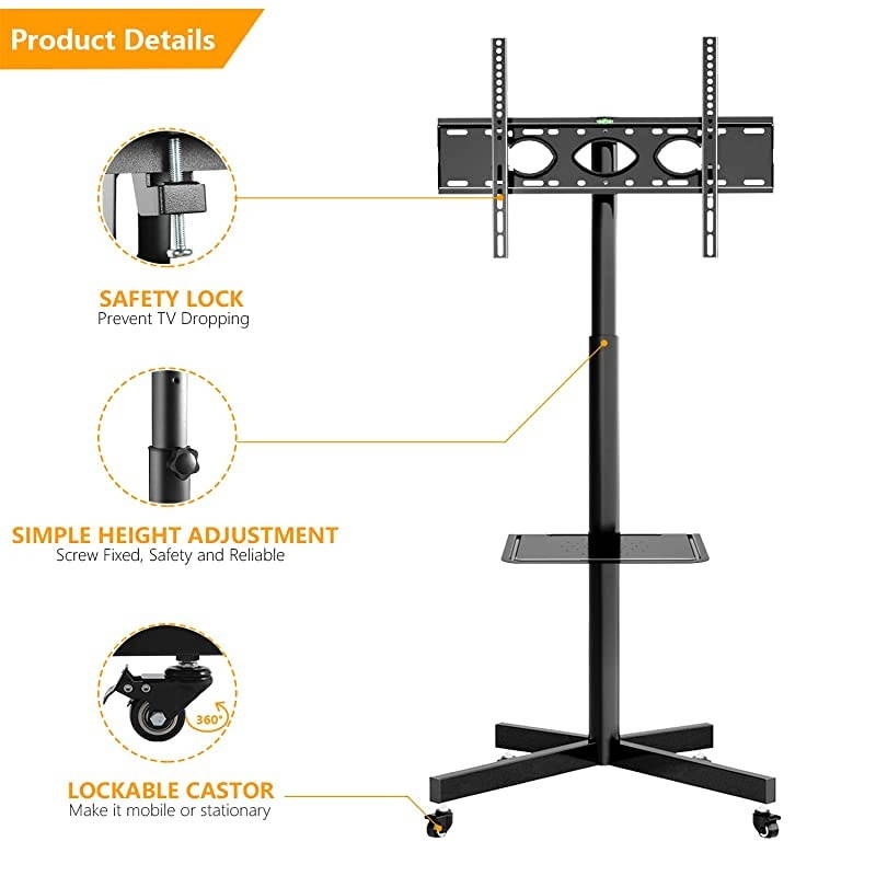 Mobile TV Cart Rolling TV Floor Stand with Locking Wheels and Tilt Mount for Most 2760 Inch Plasma LCD LED Flat Screen or Curved TVs Monitors Display Trolley Stand with Laptop ShelfTray