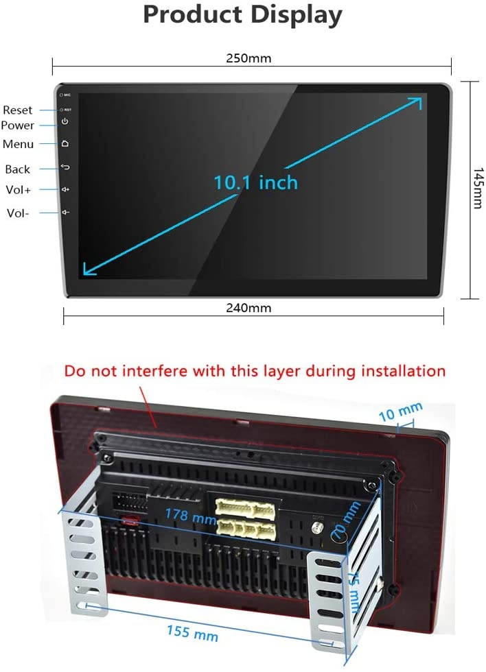 Podofo 10.1 Inch Android Car Stereo Double Din GPS Car Radio 2.5D HD Tempered Glass Mirror Multimedia MP5 Player Support Bluetooth WiFi FM Radio Dual USB Mirror Link with Backup Camera
