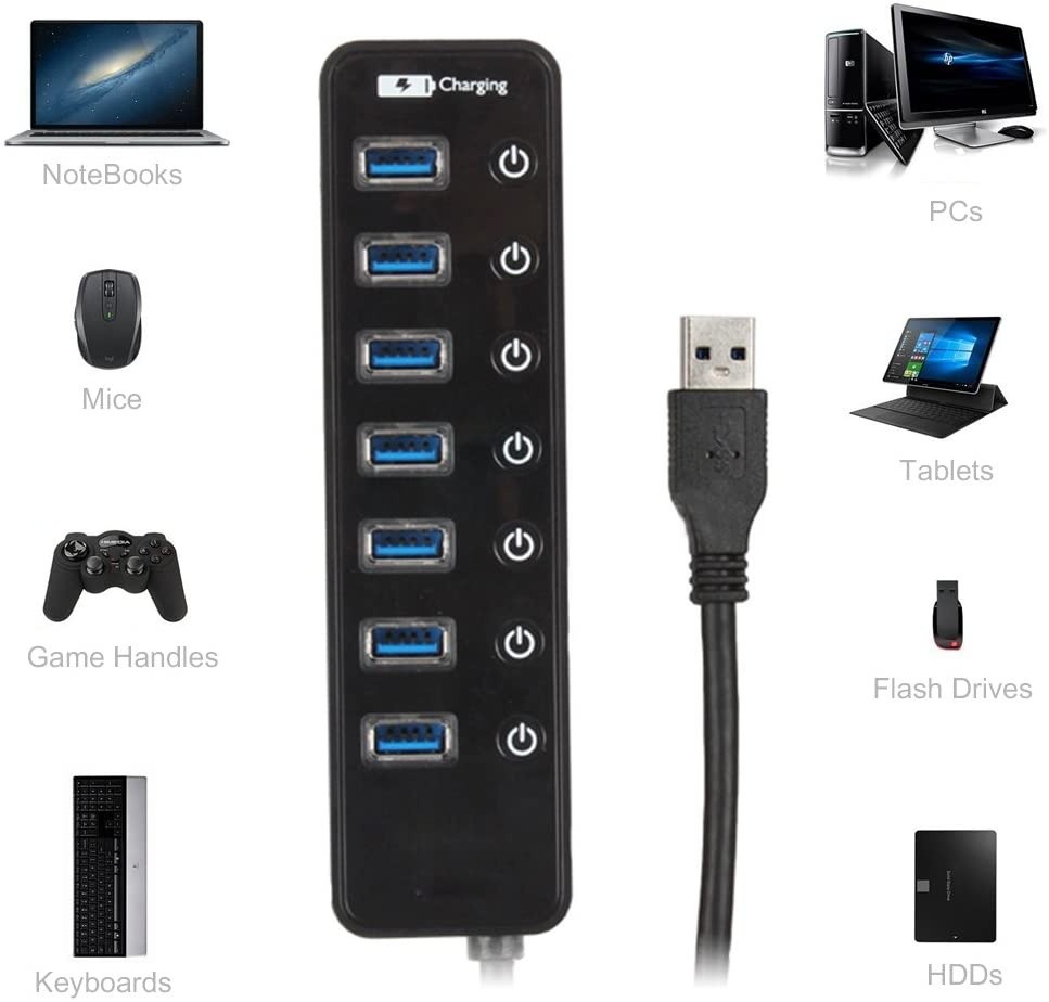 USB 3.0 Hub ZIKO 8-Port USB 3.0 Extender Hub 7 High Speed Data Transfer Ports 1 Smart Charging Port with Individual On/Off Switches LED Indicator for Smartphone Laptop Tablet