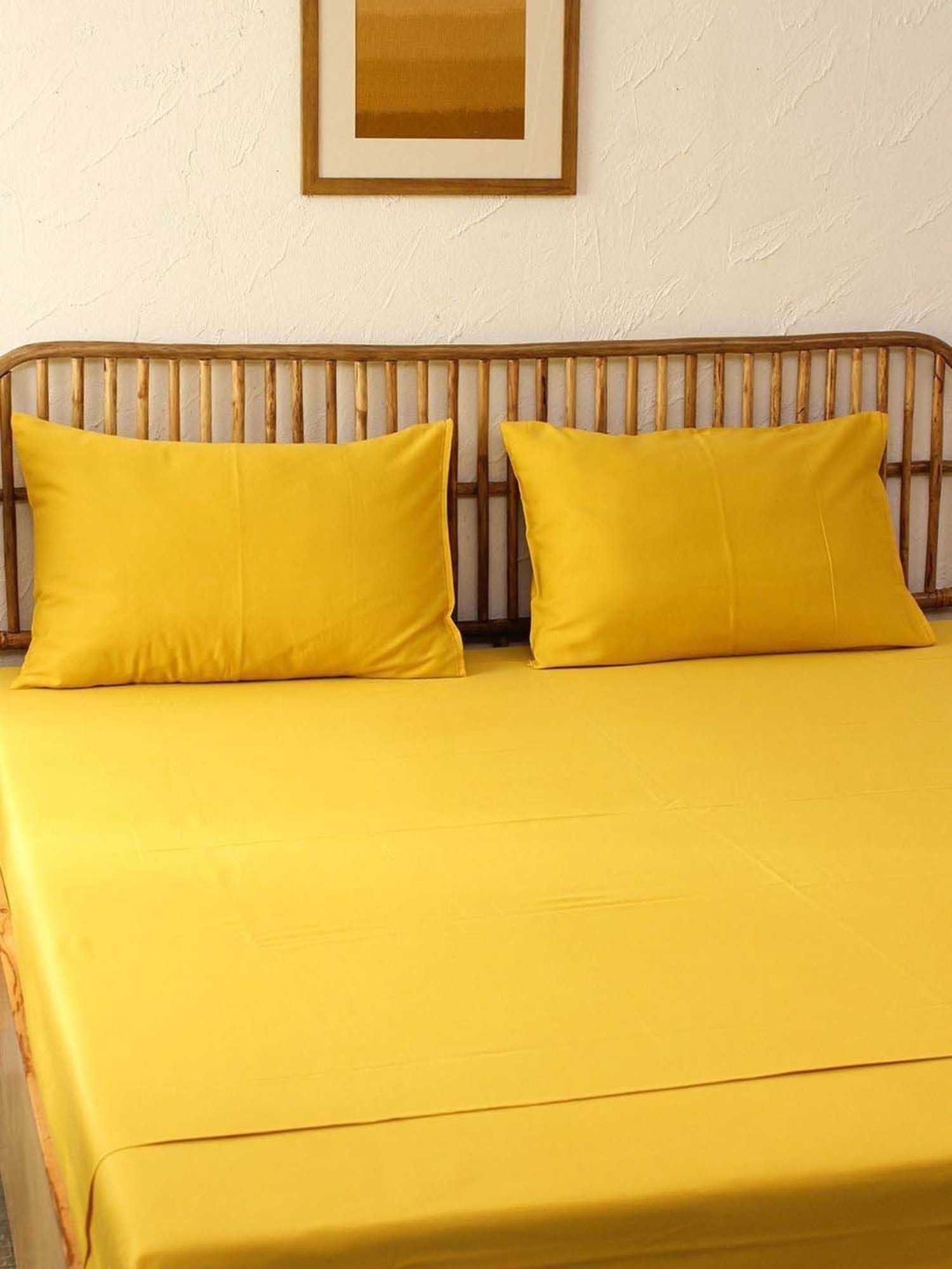 House This Piyambu Mustard Cotton 180 TC Single Bedsheet with 1 Pillow Cover