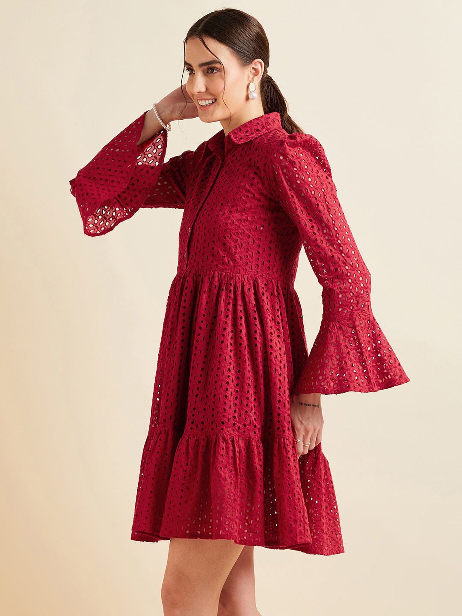 PANIT Maroon Cotton Embroidered Ethnic Dress