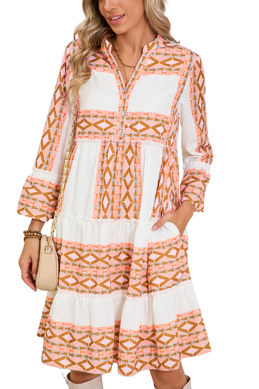 Orange Boho Geometric V-Neck Frill Tiered Mini Dress