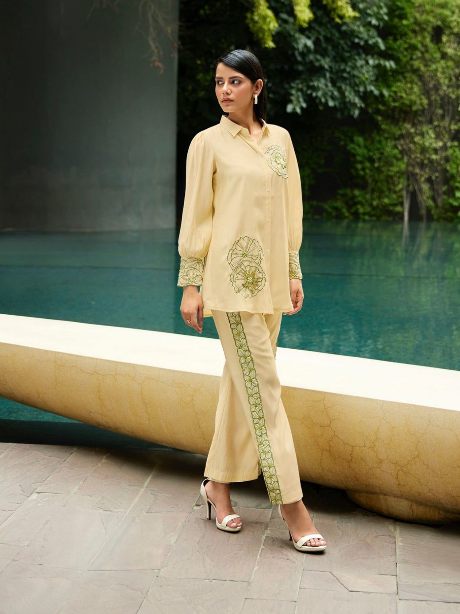 Kaftanize Kiaa Yellow Creme Applique and Embroidered Shirt with Pant