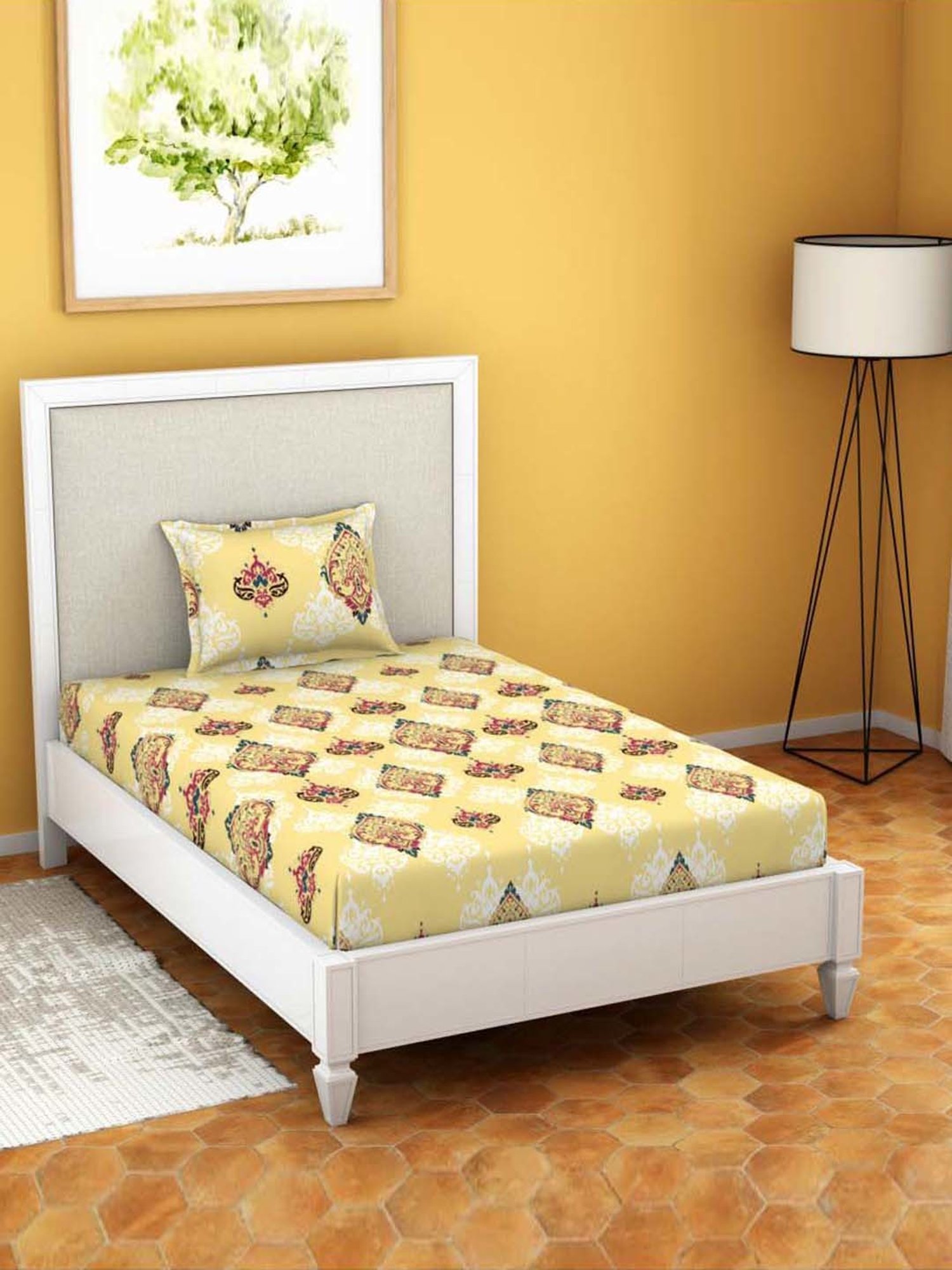 Welspun Moments Printed Beige Cotton Single Bed Sheet with 1 Pillow Cover