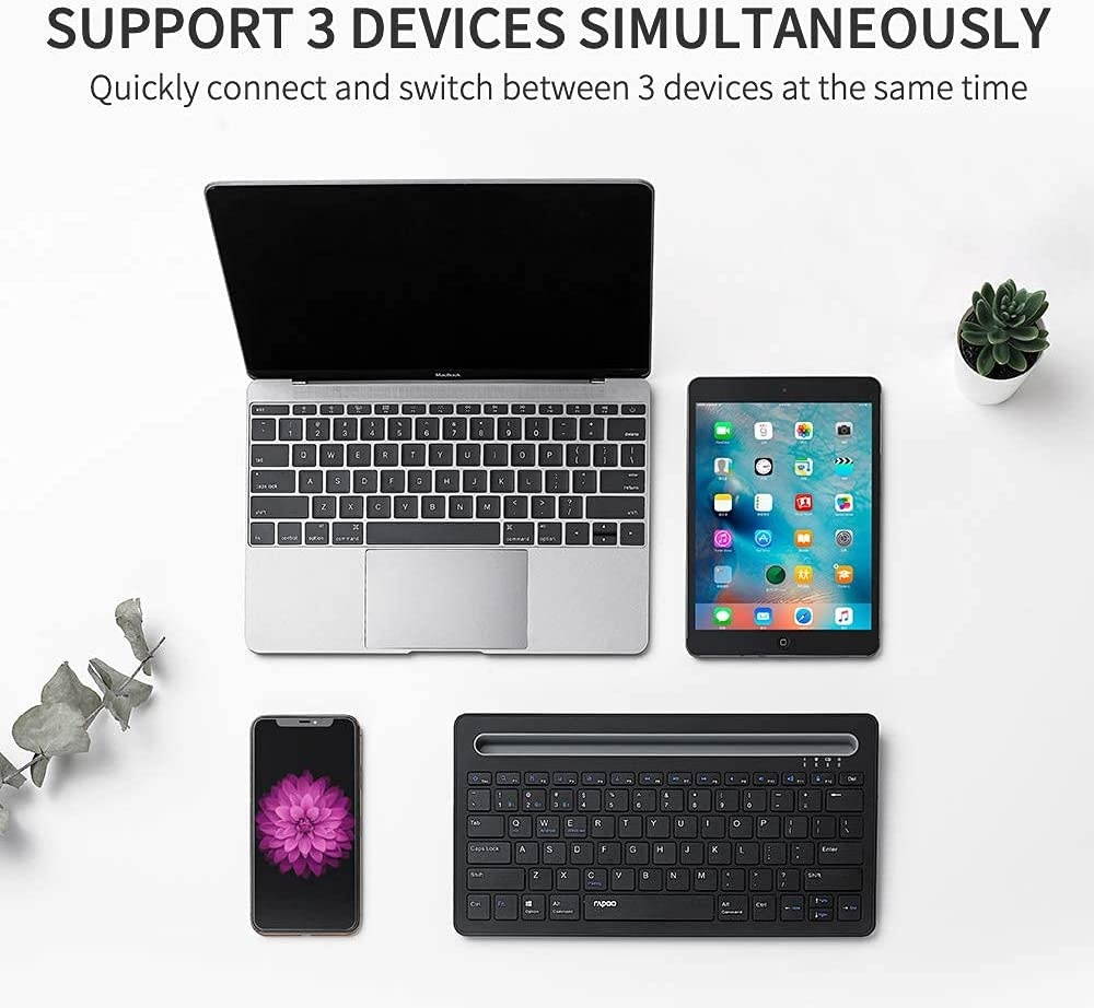 RAPOO XK100 Multi-Device Bluetooth Keyboard, Rechargeable Noiseless Portable Wireless Keyboard Connect to 3 Devices for Tablet Cellphone PC Smart TV, Compatible with Windows 7/8/10/XP Vista Linux Mac
