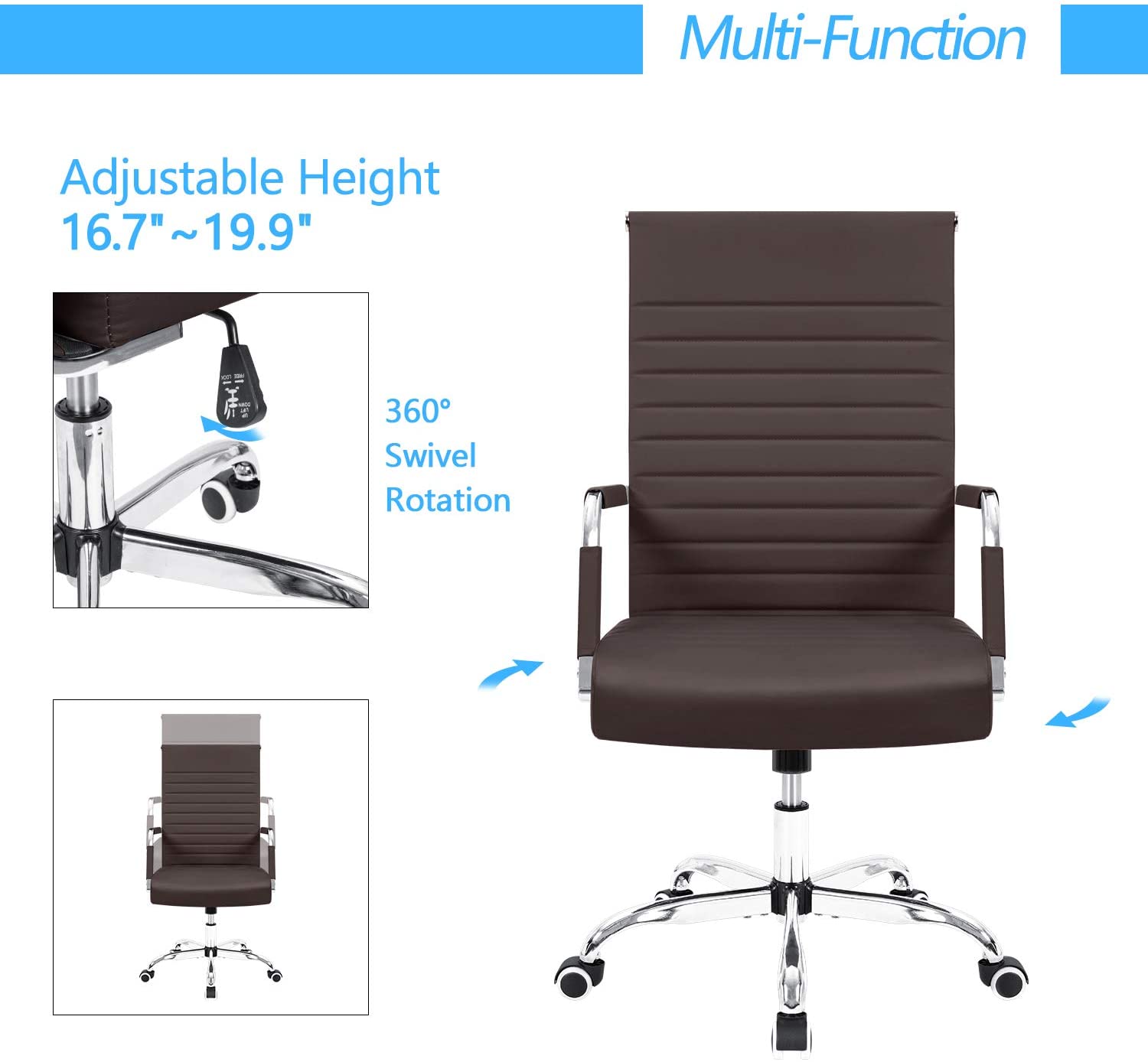 Furmax Ribbed Office Desk Chair Mid-Back PU Leather Executive Conference Task Chair Adjustable Swivel Chair with Arms (Brown)