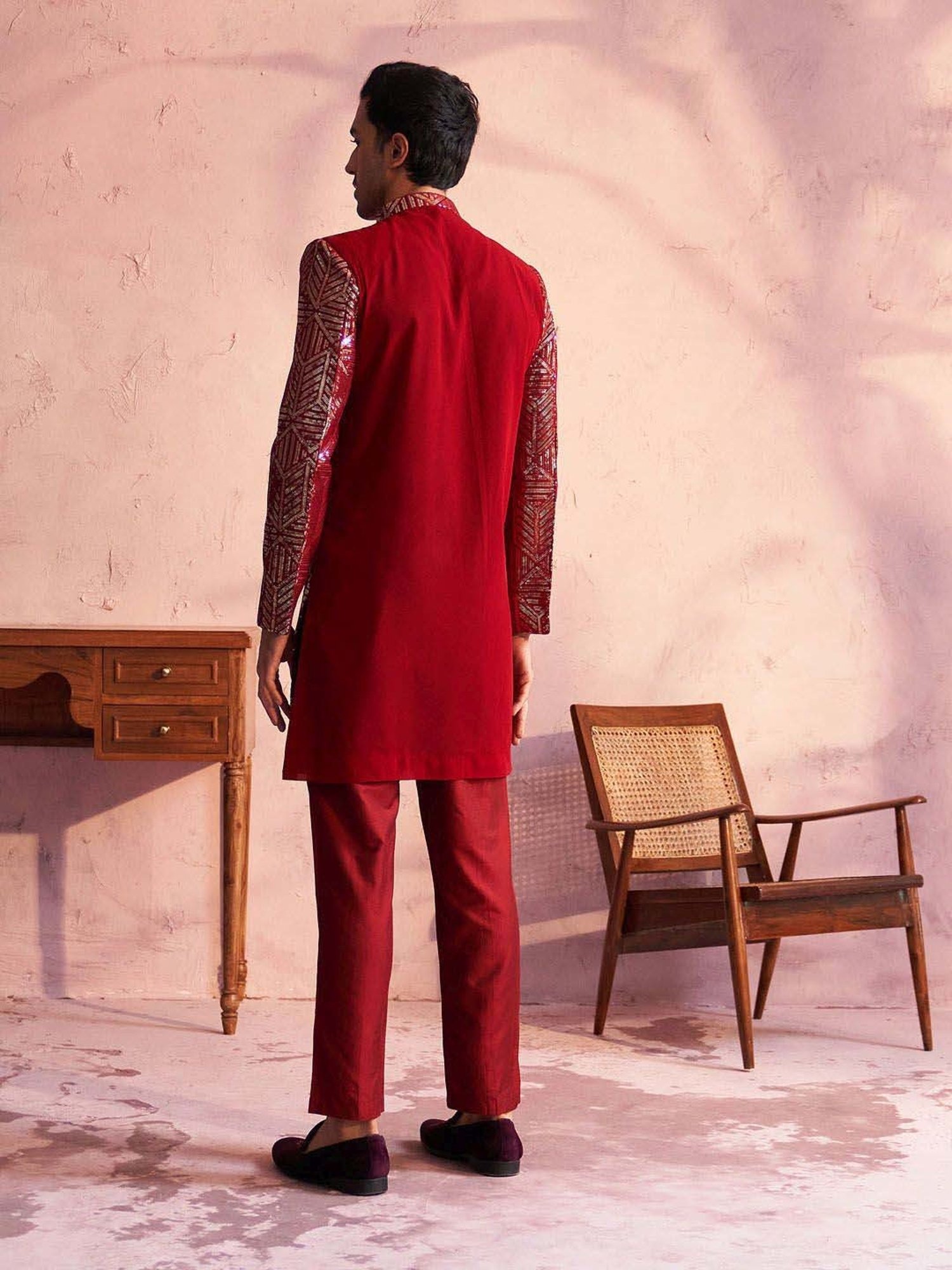 Vastramay Maroon Regular Fit Embroidered Sherwani Set