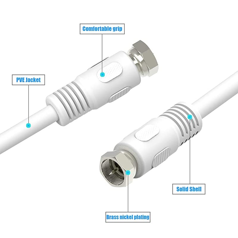 Coaxial Cable 6ft, TV Antenna Cable, 2-Pack  White 75 Ohm Quad Shield RG6 Coax Cables with F-Male Connectors, Ideal for TV Antenna DVR Satellite