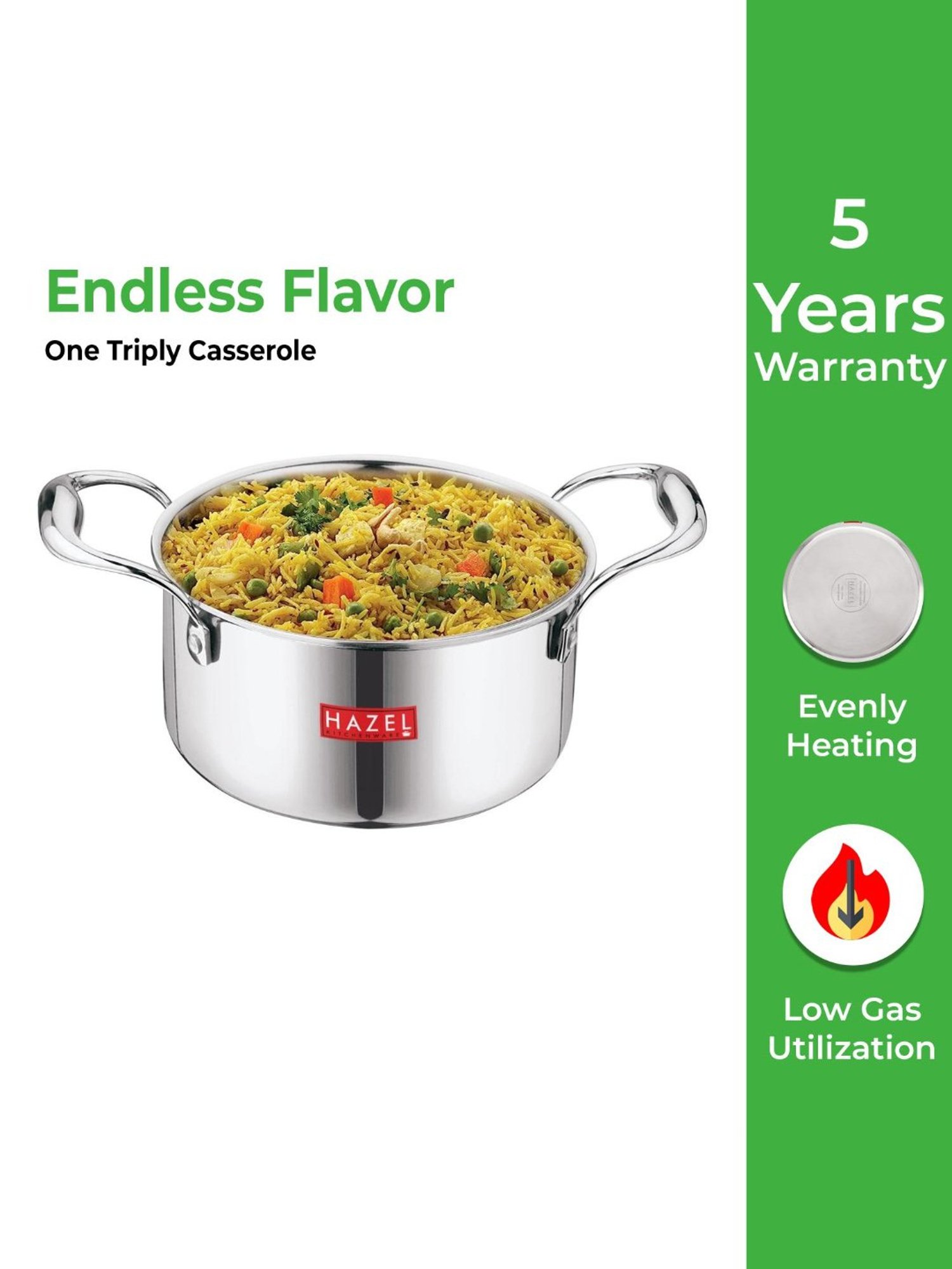 FnS Elantra Silver Stainless Steel Casserole With Lid (0.9 L)