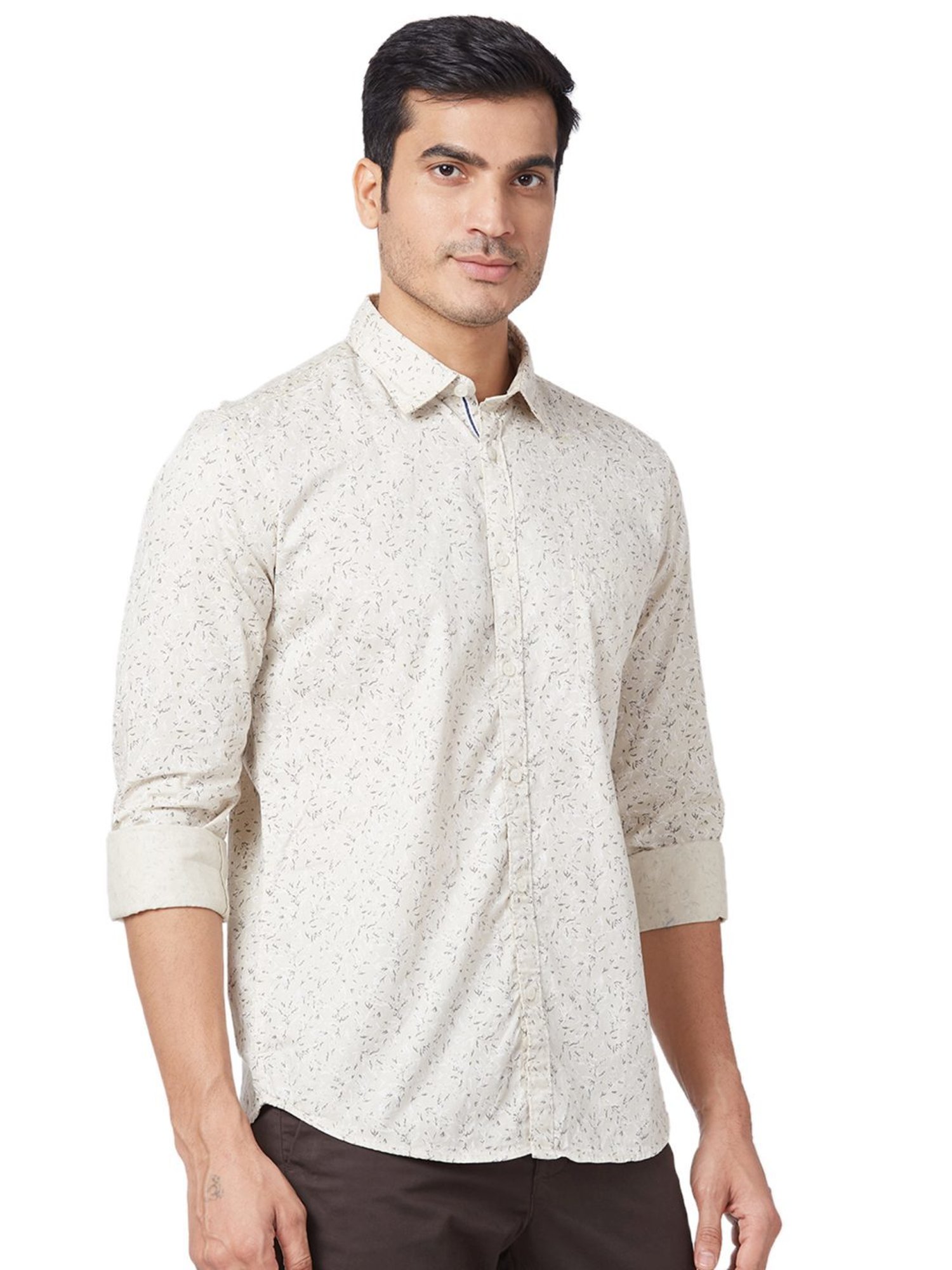 Parx Beige Cotton Classic Fit Printed Shirts