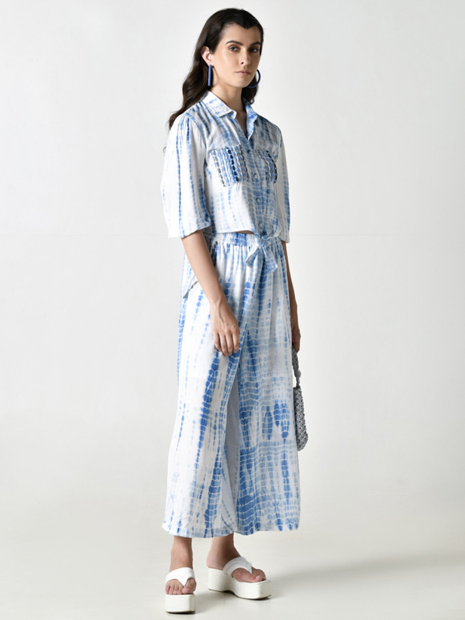 Zolo Label White Tie & Dye Crop Shirt Palazzo Set