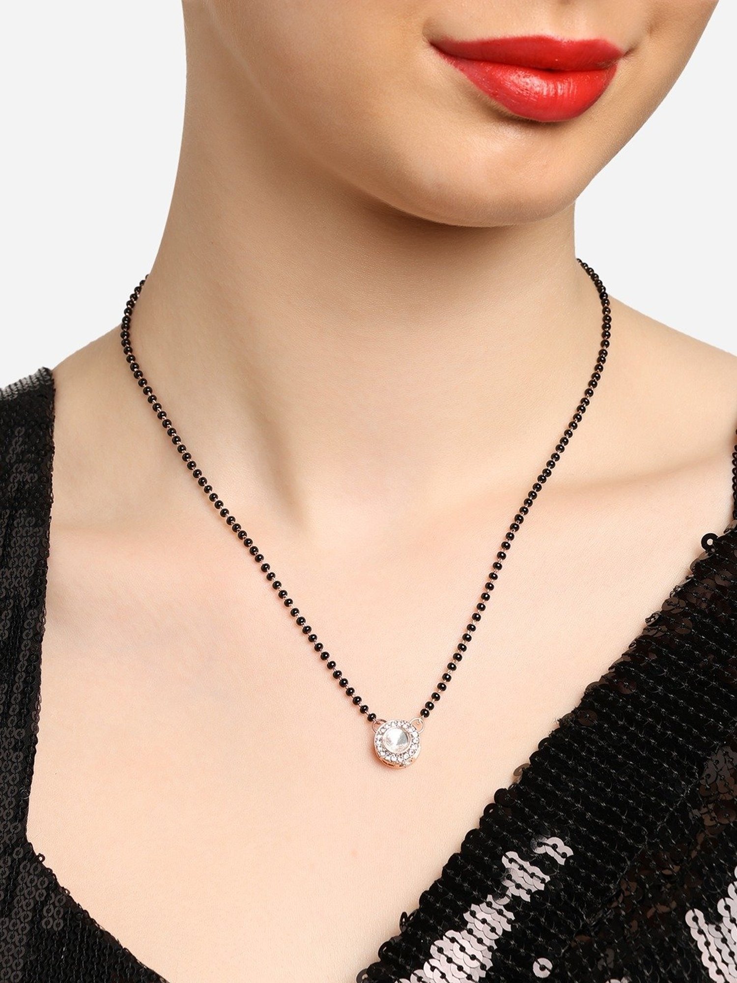 Abdesigns Gold-Plated American Diamond & Black Beaded Mangalsutra