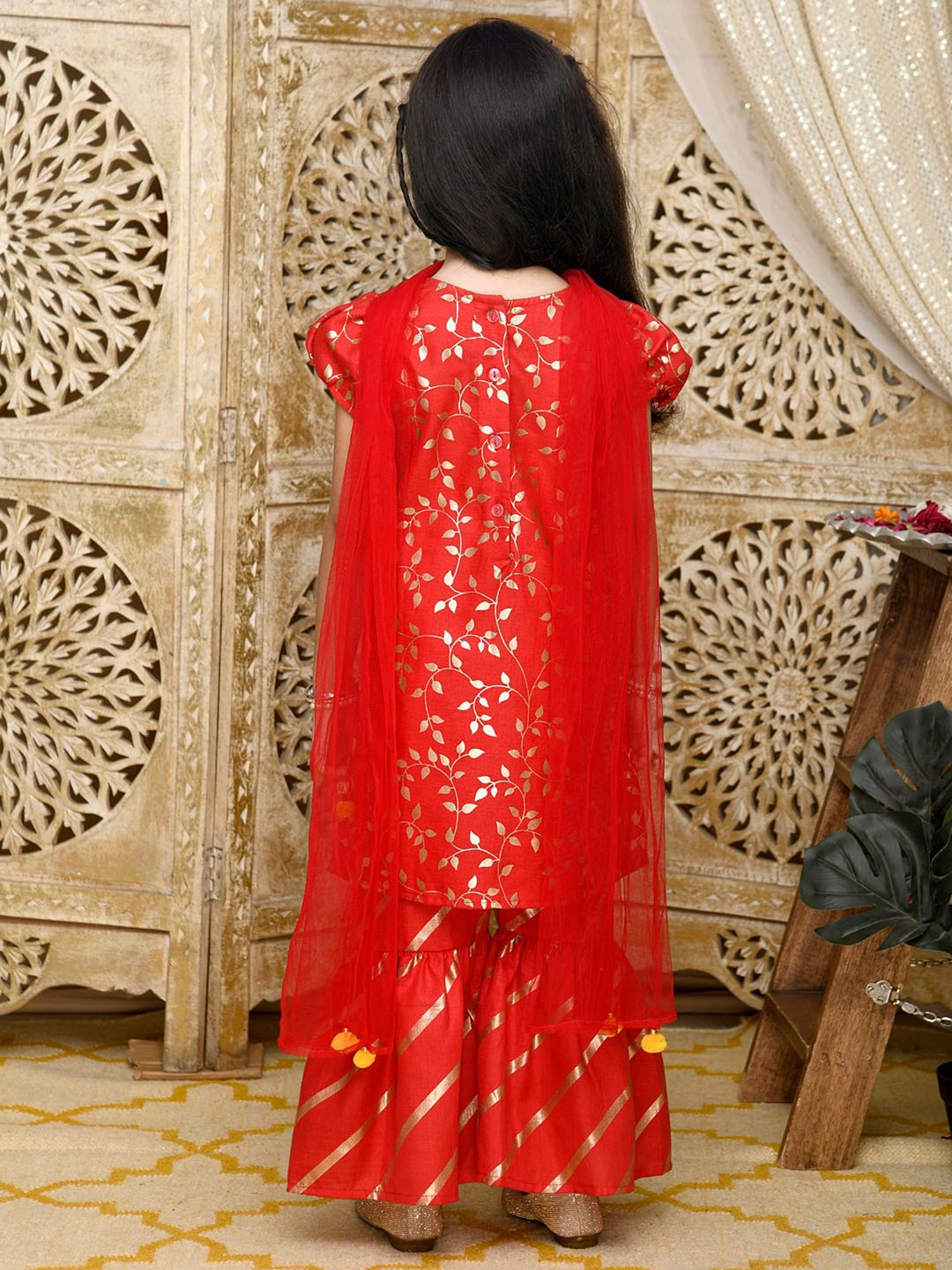 Saka Designs Kids Red & Gold Printed Kurta with Sharara & Dupatta