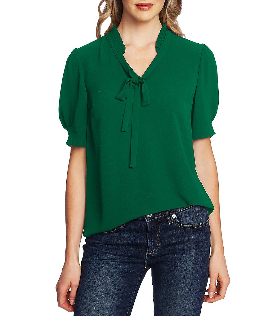 CeCe Puff Sleeve Ruffled Tie V-Neck Blouse
