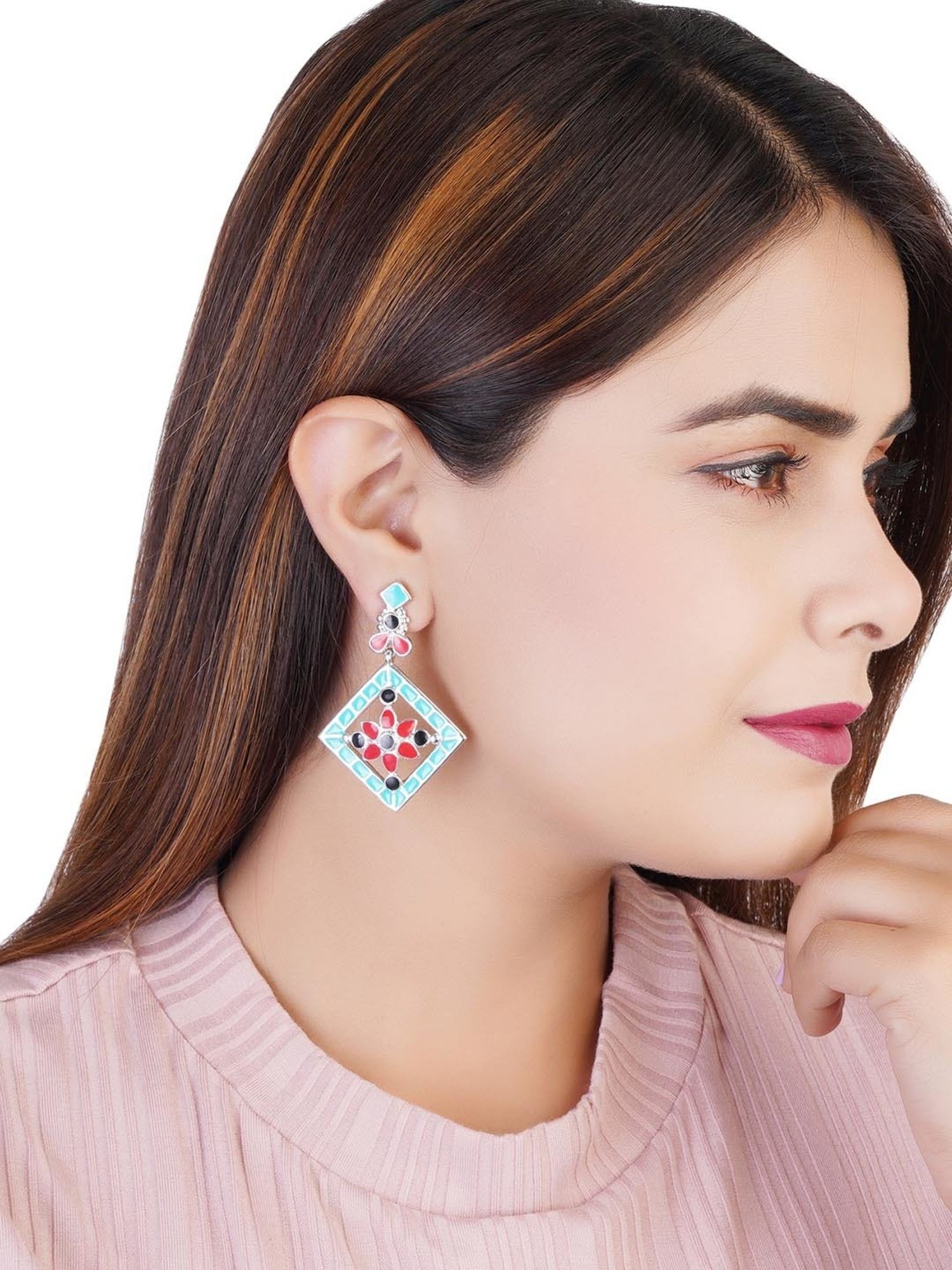 Estele Rhodium-Plated Oxidized Geometric Dangler Earrings for Women/Girls