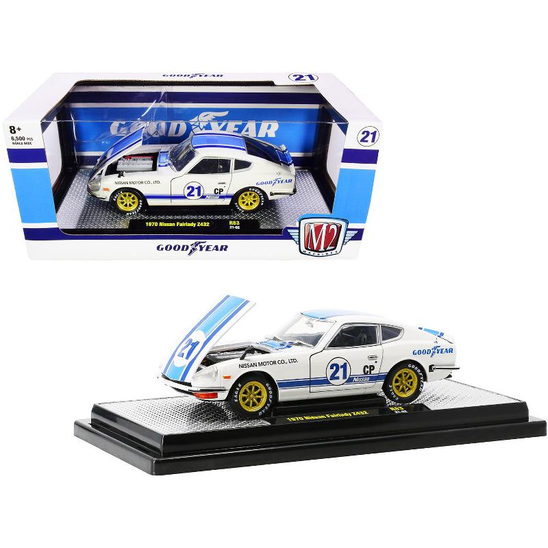 1970 Nissan Fairlady Z432 #21 "Goodyear" White with Blue Stripes Limited Edition 6500 pcs 1/24 Diecast Model Car by M2 Machines