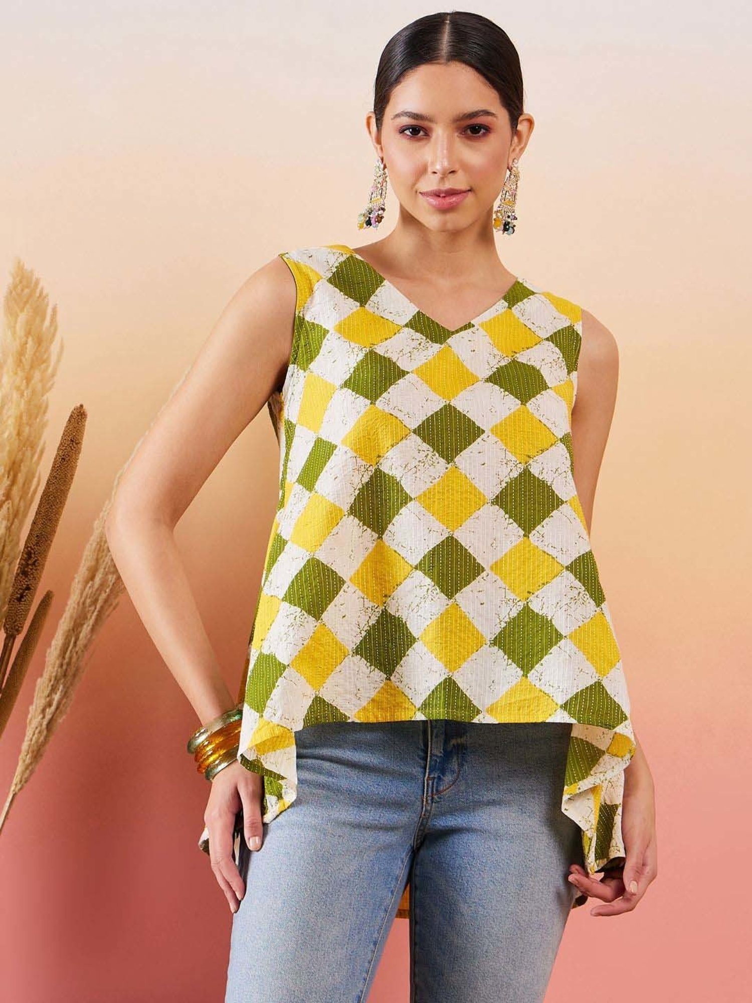 Inweave Yellow & Green Cotton Chequered Top