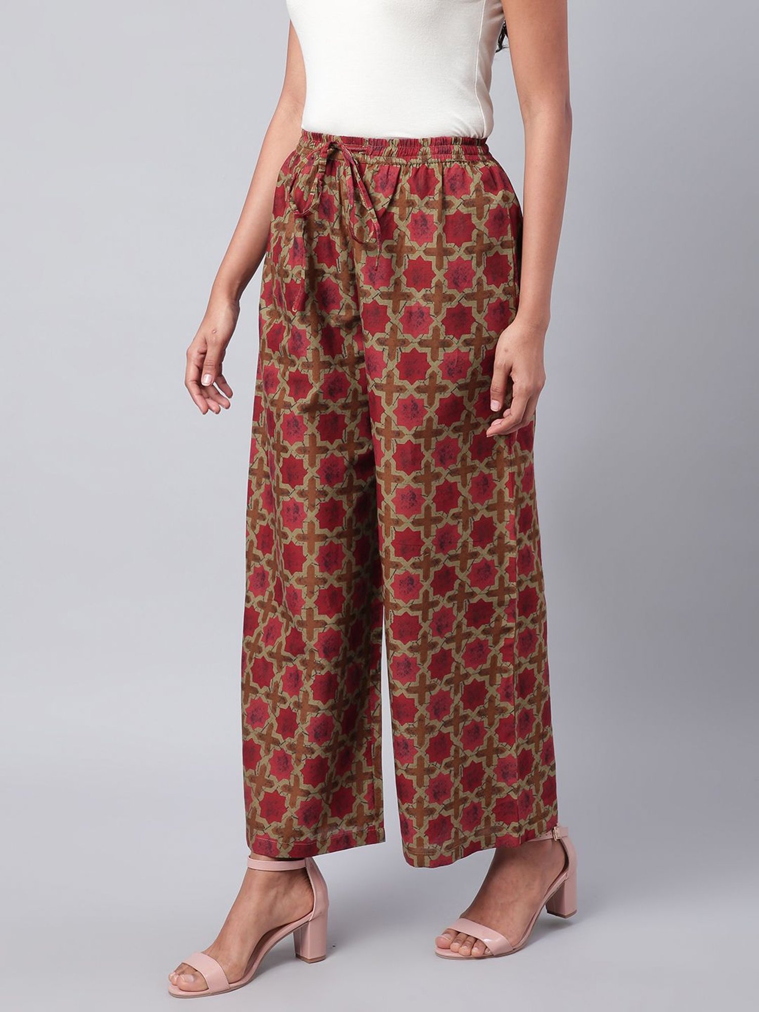 Sringam Coral & Beige Cotton Printed Palazzos
