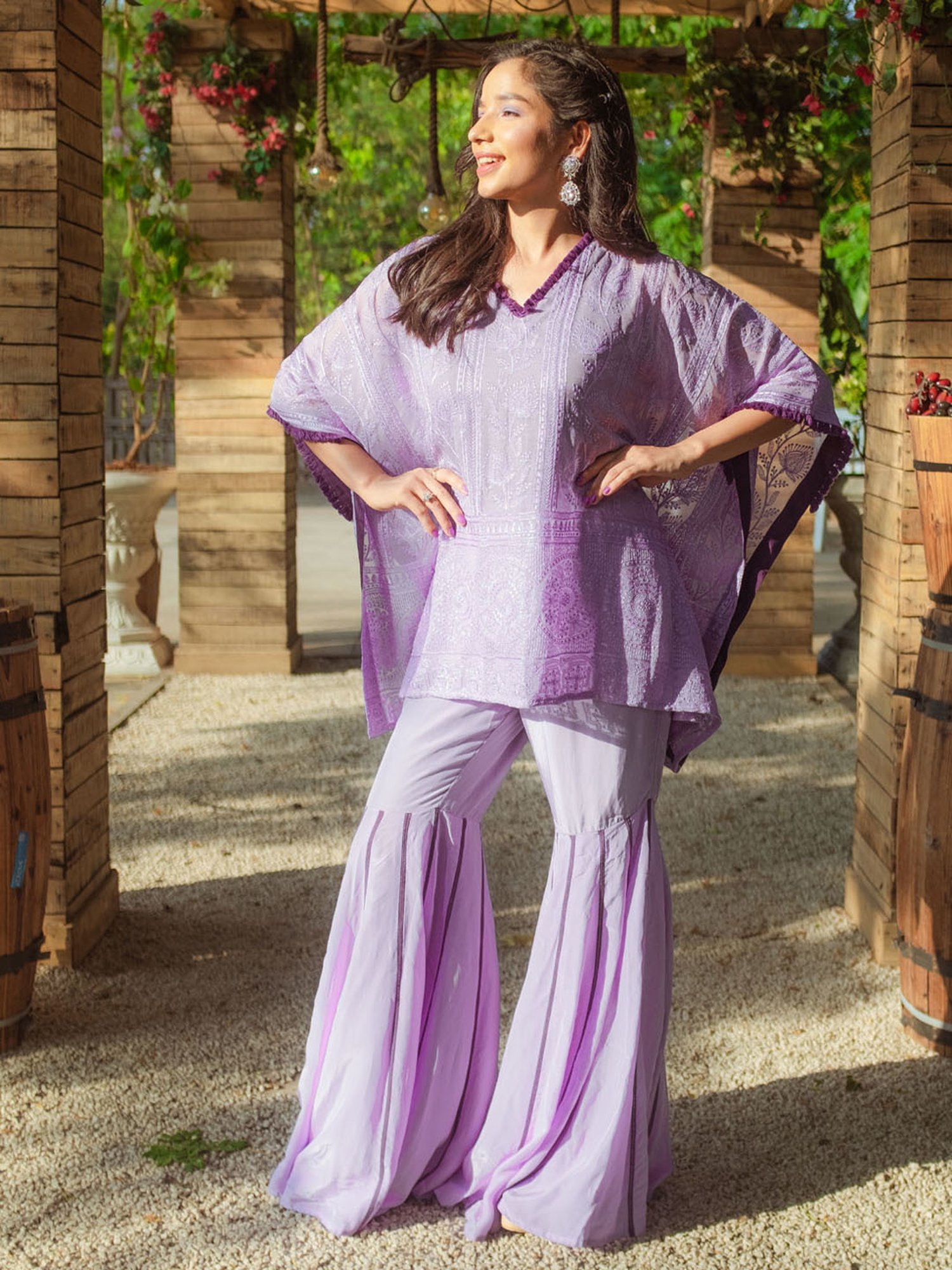 Monk and Mei Suraiya Chikankari Kaftan & Sharara- Veryperi Violet