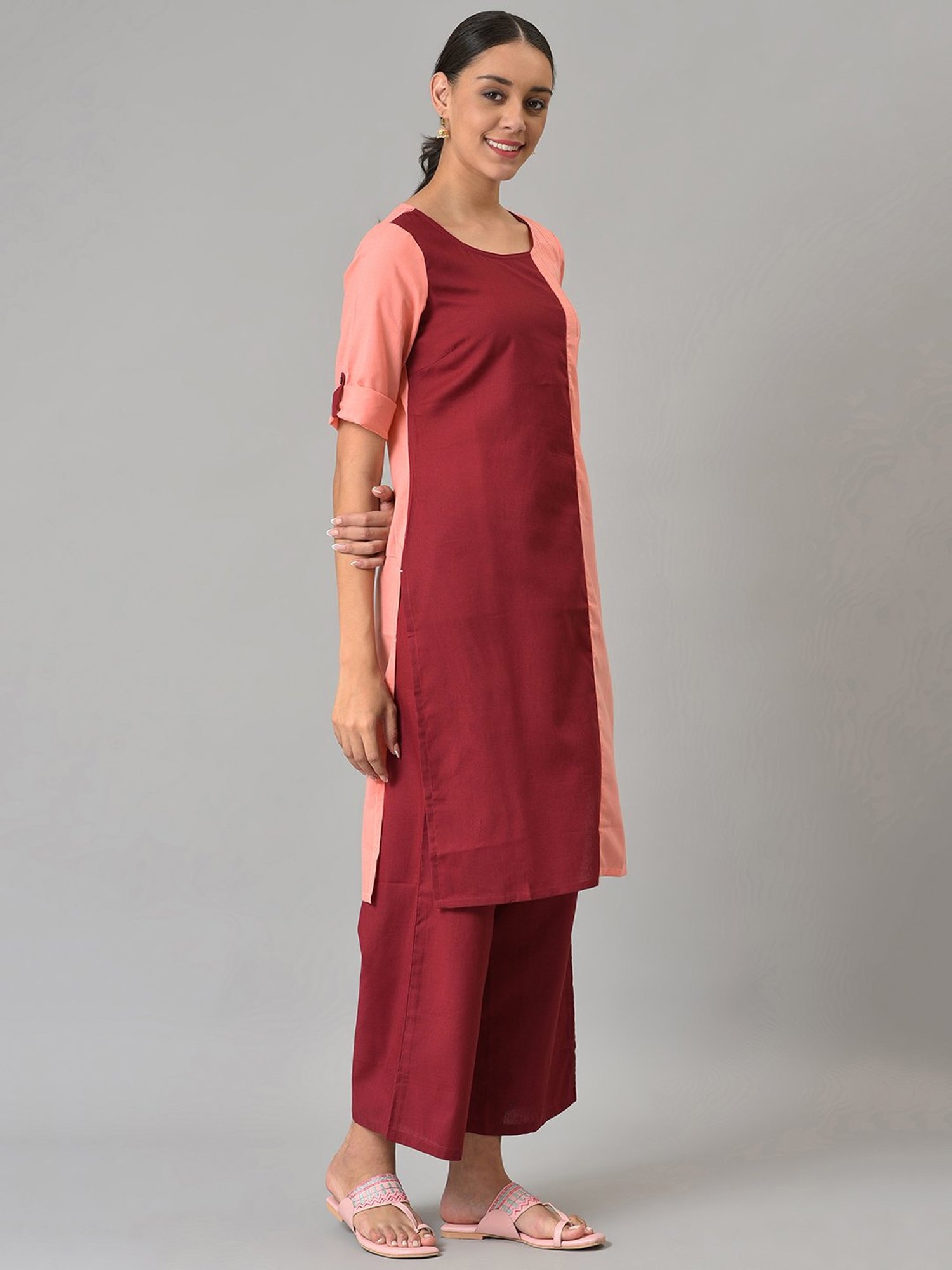 Aurelia Pink & Maroon Cotton Kurta Palazzo Set