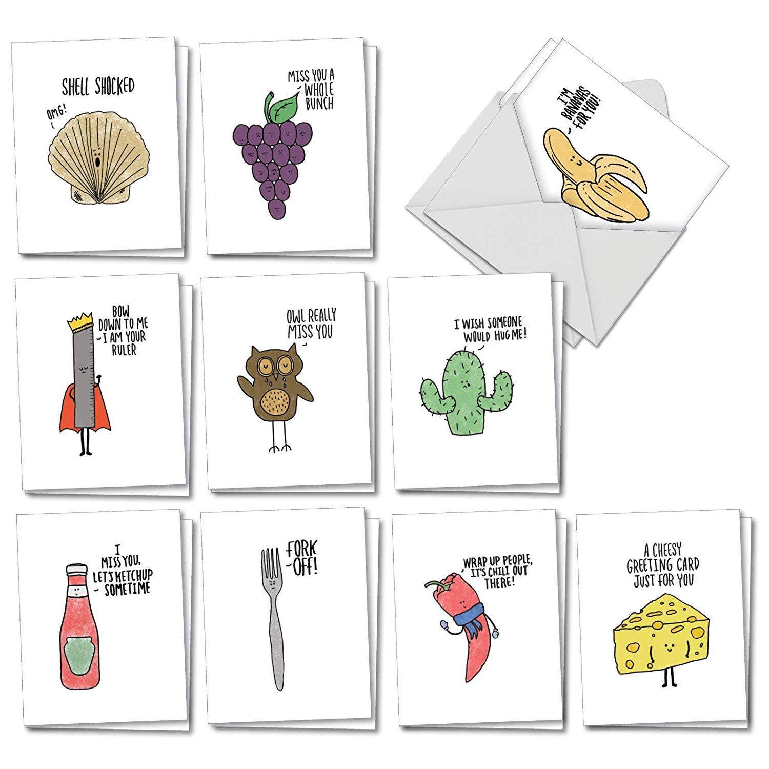 Fun Puns: 20 Assorted Blank All Occasions Notecards Depicting Fun Cartoon Images Combined with Clever Puns, with Envelopes. AM2975OCB-B2x10