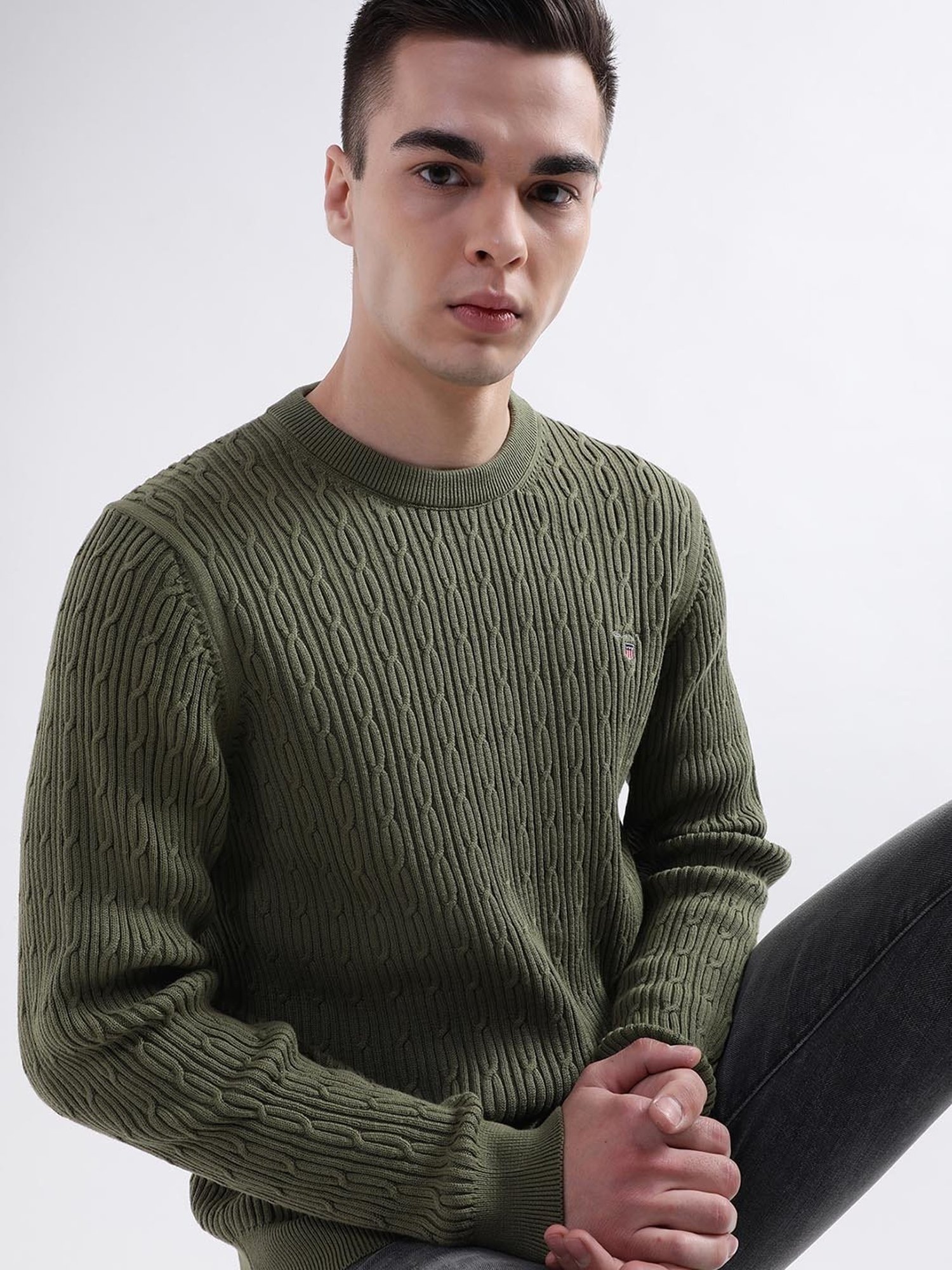 GANT Olive Green Cotton Regular Fit Self Pattern Sweater