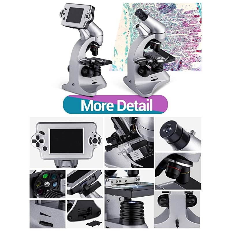 Digital Microscope 2000X Biological Microscope with Camera Screen Slides Set for Kids Students Adults School Laboratory Home Science Education