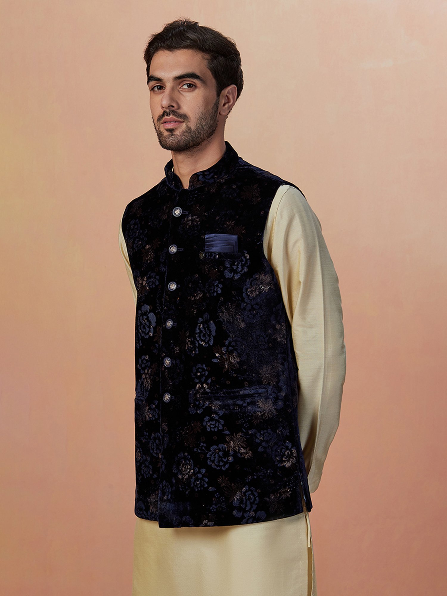 Manyavar Dark Navy Regular Fit Floral Print Nehru Jacket