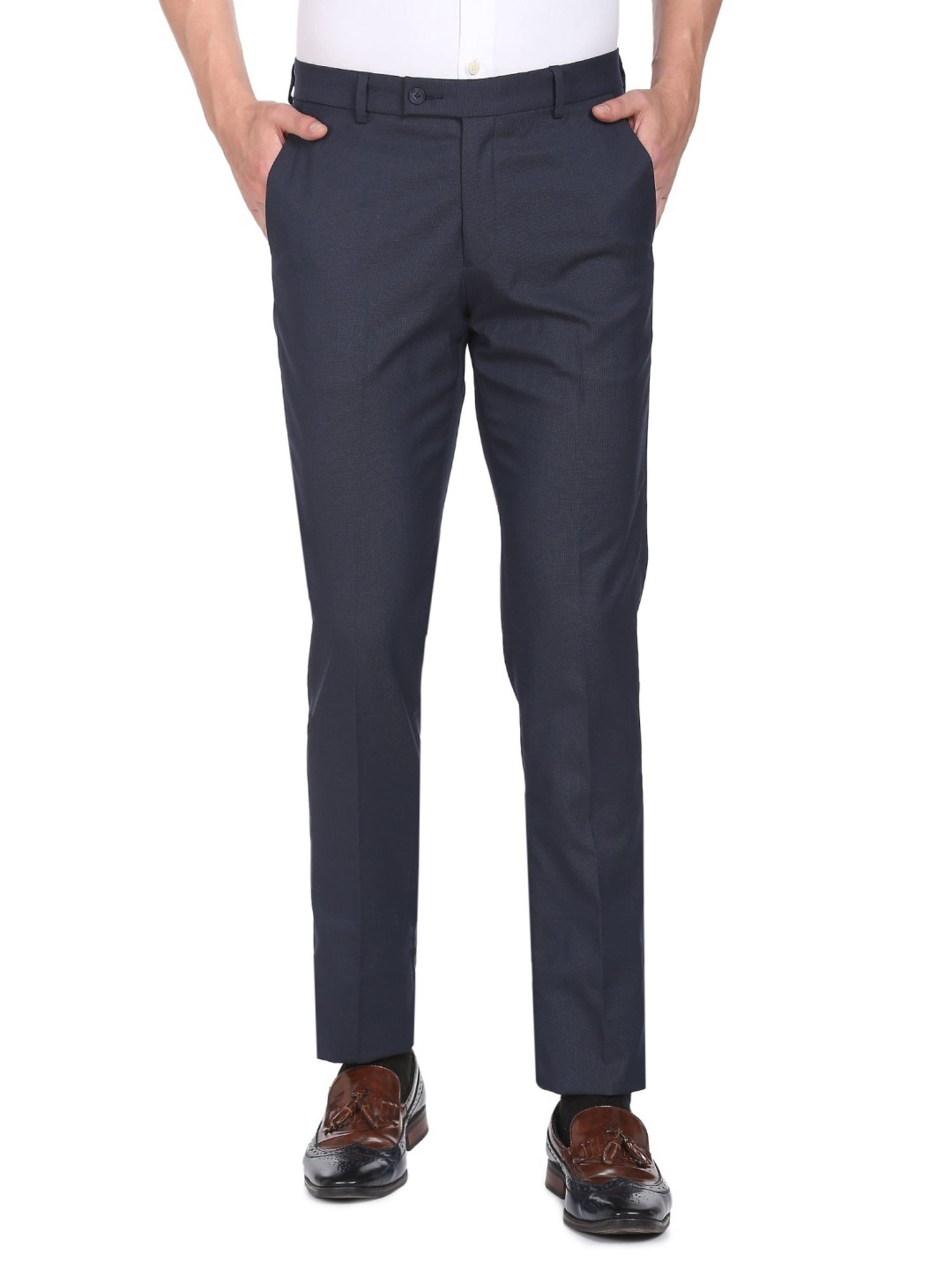 Arrow Navy Regular Fit Self Pattern Trousers