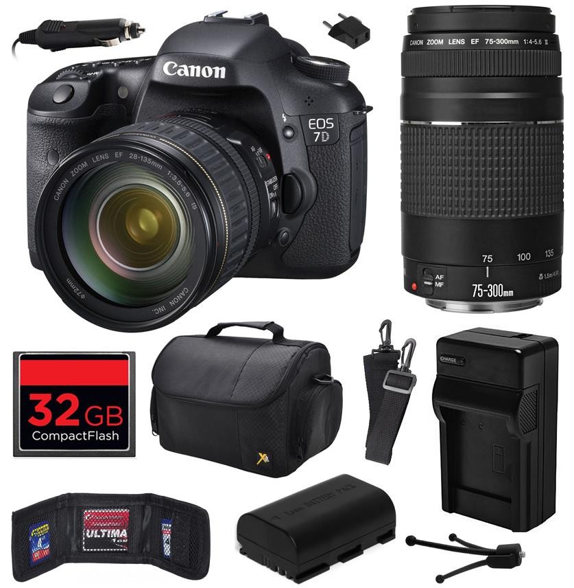 Canon EOS 7D 18 MP CMOS Digital SLR Camera with 28-135mm f/3.5-5.6 IS USM and EF 75-300mm f/4-5.6 III Lens includes 32GB Memory, Large Case, Battery, Charger, Memory Card Wallet, Cleaning Kit 3814B010