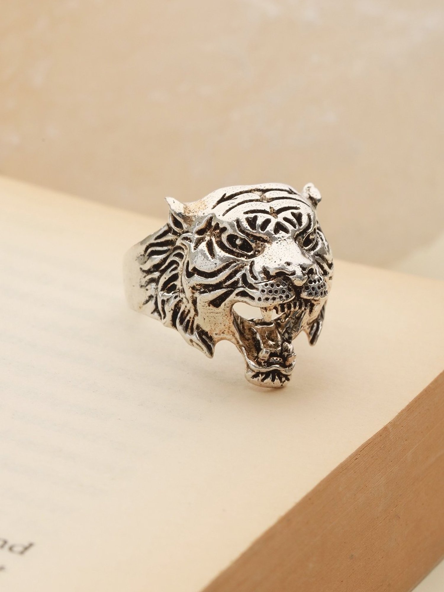 Bold by Priyaasi Roaring Lion Silver Casual Ring for Men