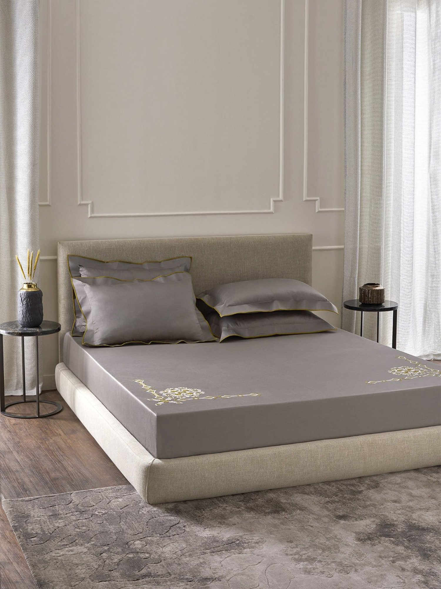 DDECOR Live beautiful Embroidery Cement Grey 210 TC Cotton King  Bedsheet with 2 Pillow Covers