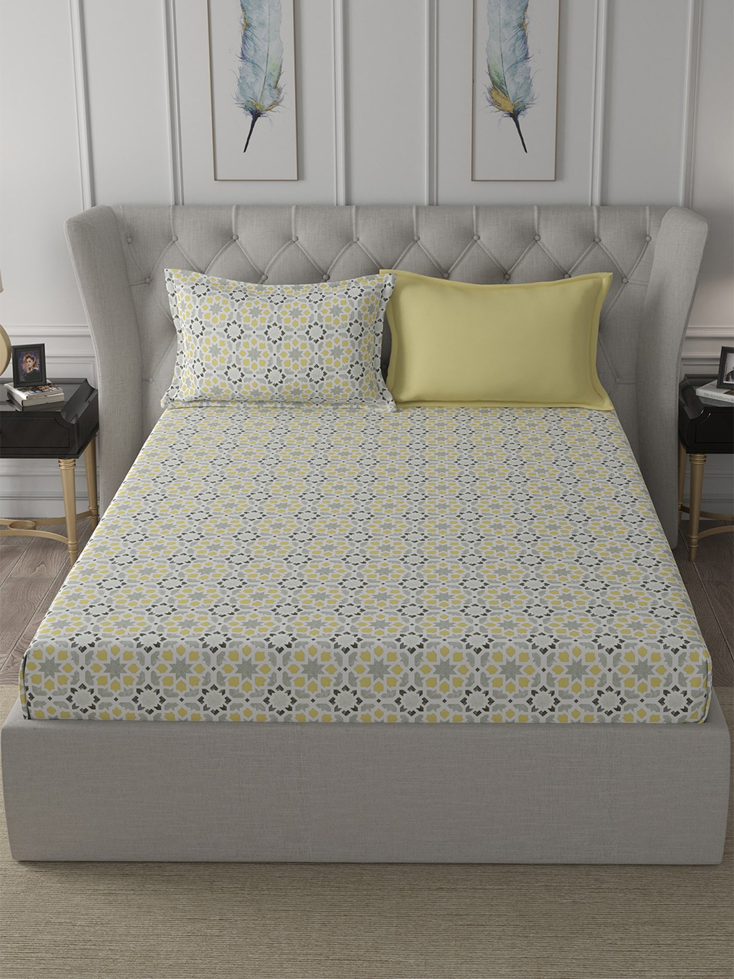 In-House by Maspar Gold 200 TC Cotton Printed Bed Sheet with 2 Pillow Cover