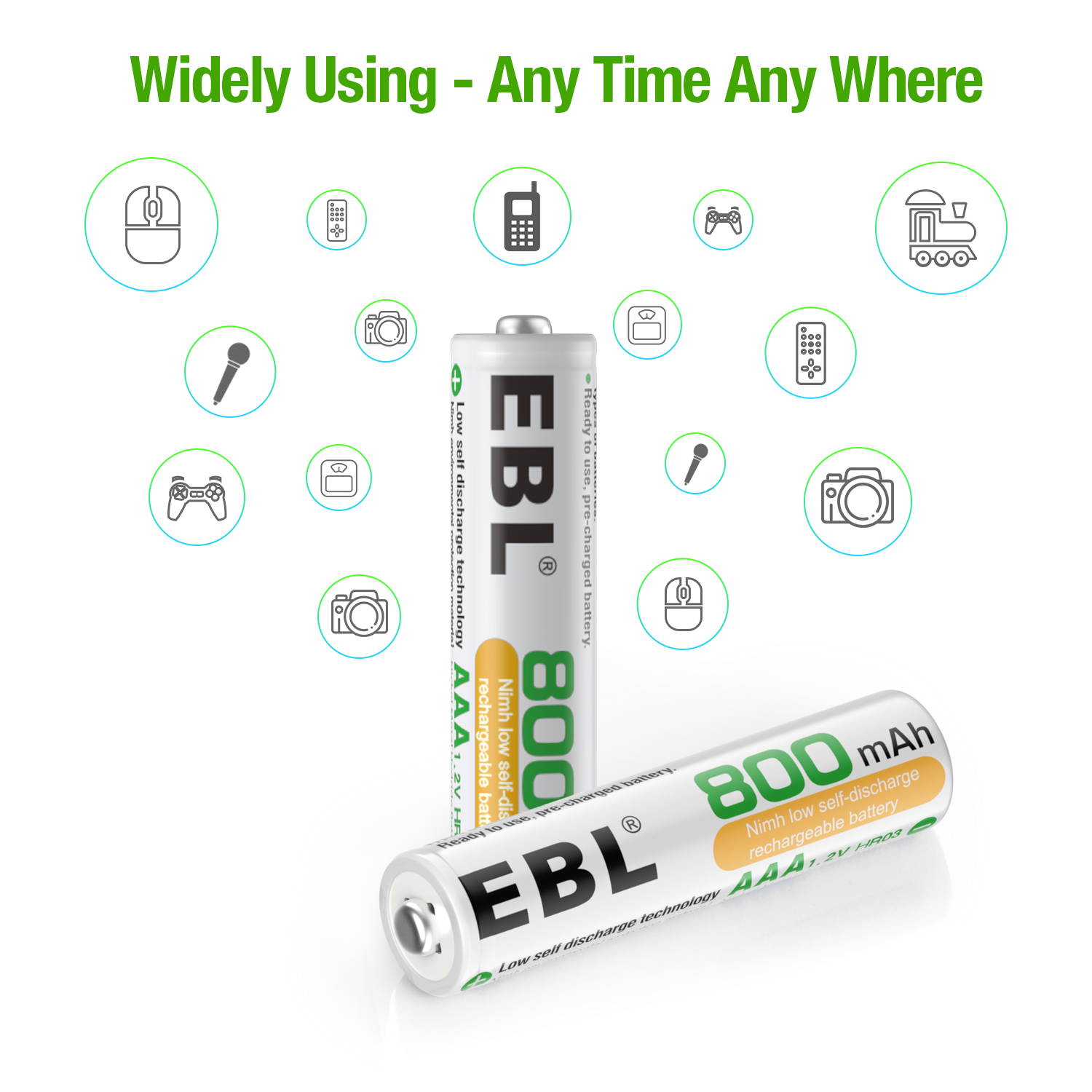 EBL 800mAh AAA Ni-MH Rechargeable Batteries High Capacity , Battery Case Included 8 Pack