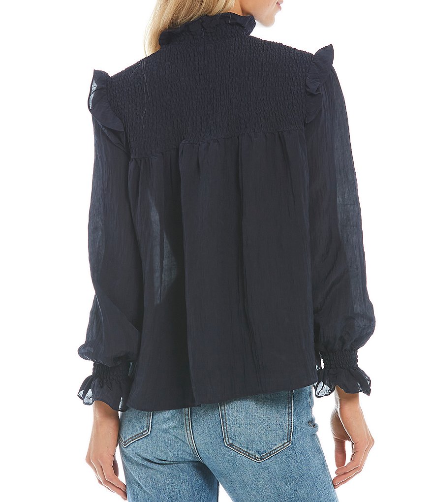 French Connection Boza High Mock Neck Crinkle Smocked Yoke Ruffle Shoulder Detail Blouson Sleeve Top