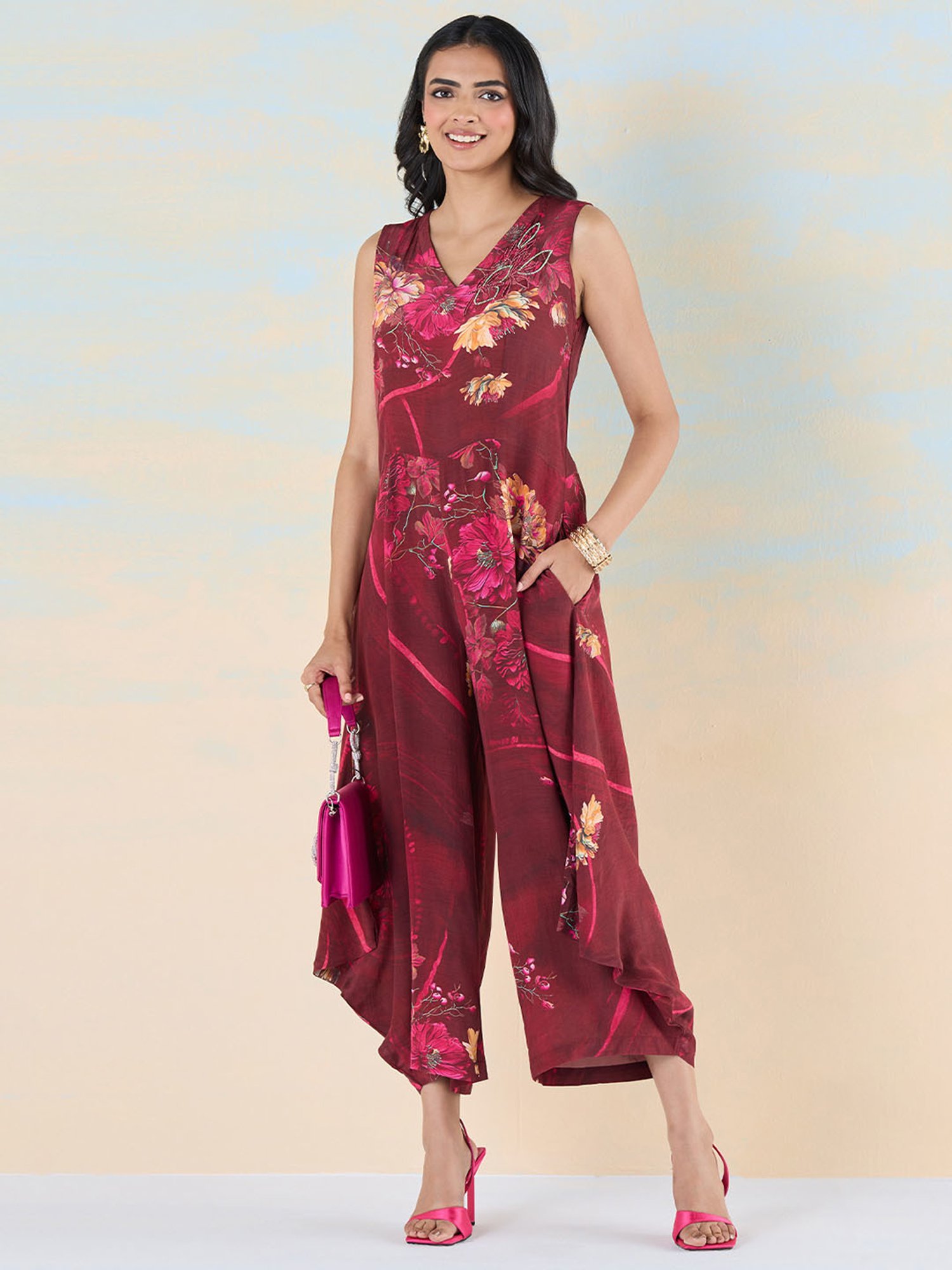 navyasa by liva Maroon Floral Print Jumpsuit