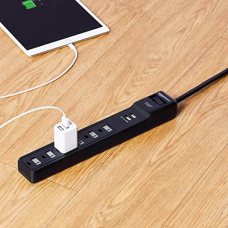 6Outlet Surge Protector Power Strip with 2 USB Ports 1000 Joule Black