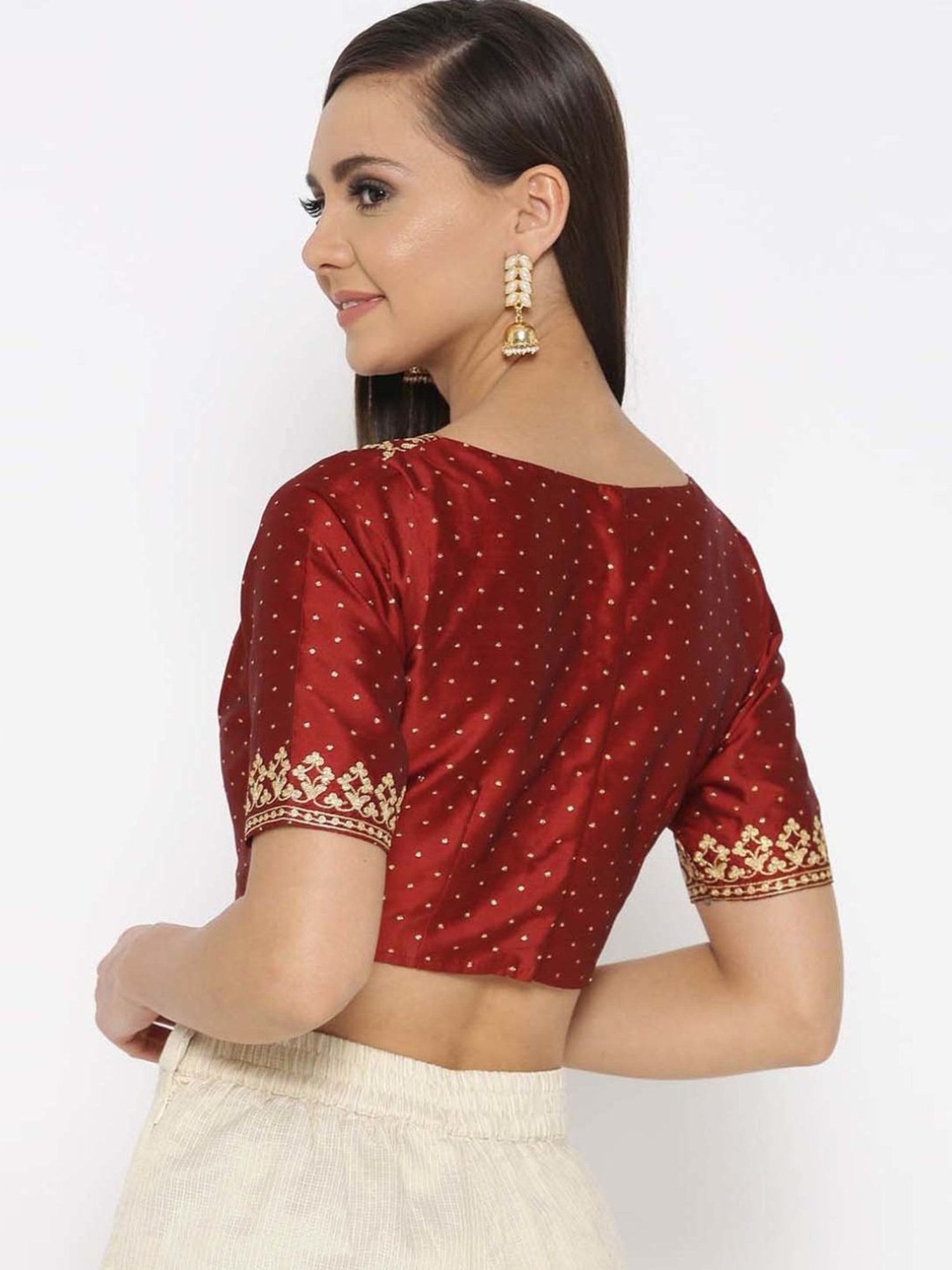 Kaanchie Nanggia Maroon Silk Blend Embroidered Stitched Blouse