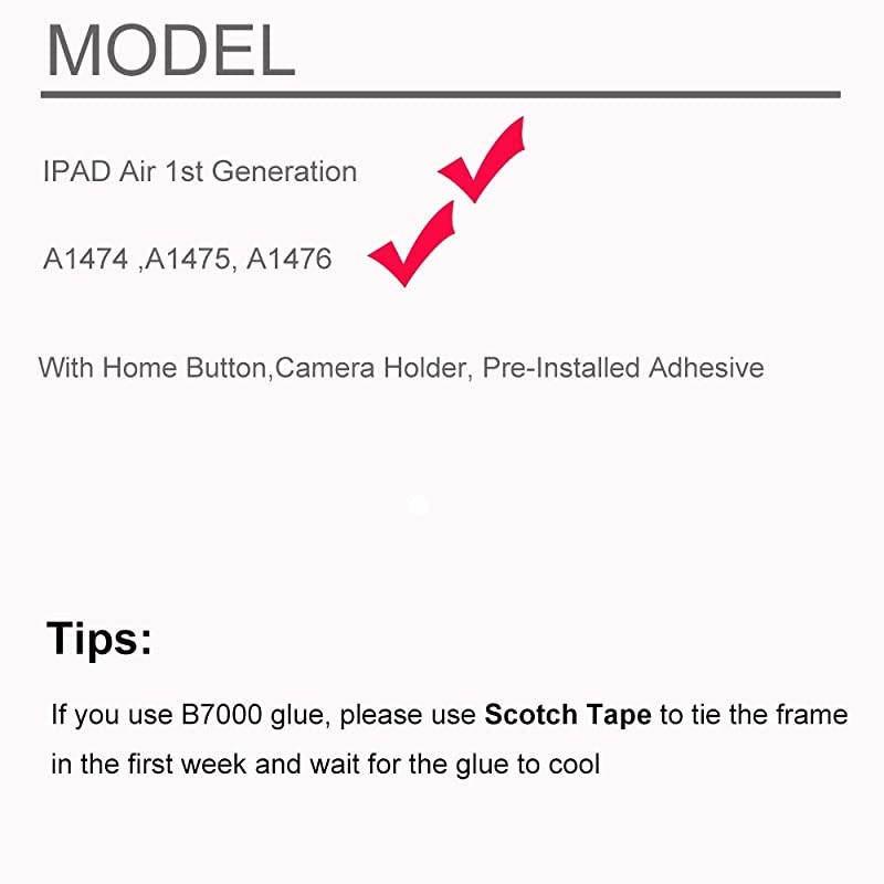 Touch Screen Replacement for iPad Air 1st Generation DigitizerOnly for A1474 A1475 A1476 with Home Button Full Repair Kit Camera Holder
