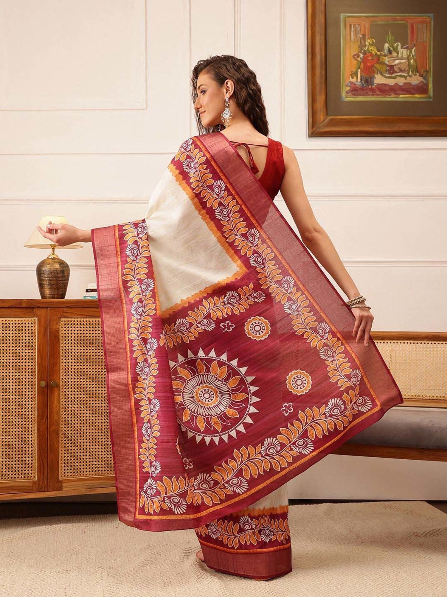 Silk Land White Silk Printed Saree With Unstitched Blouse