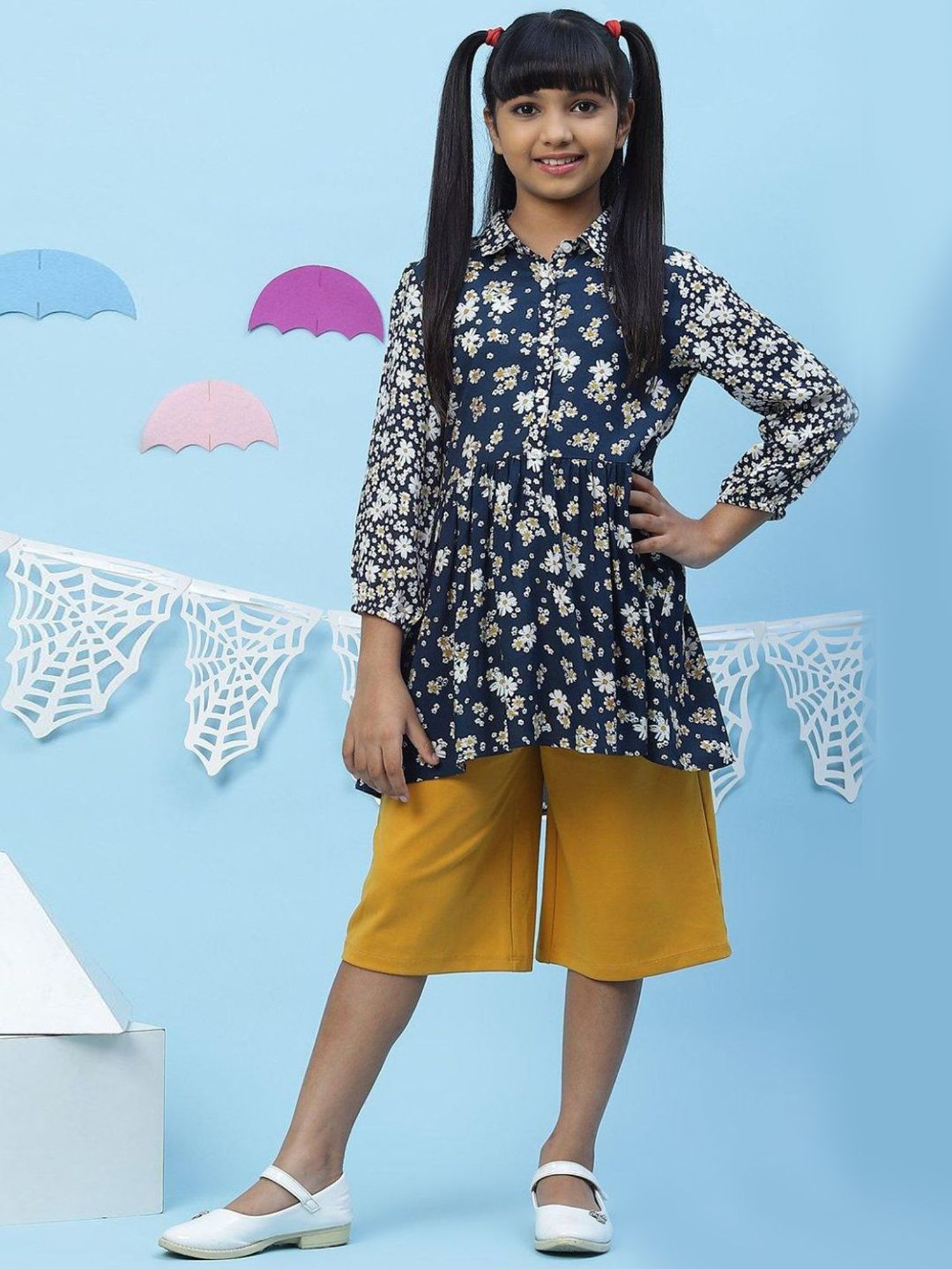 BIBA Girls Navy Floral Print Dress